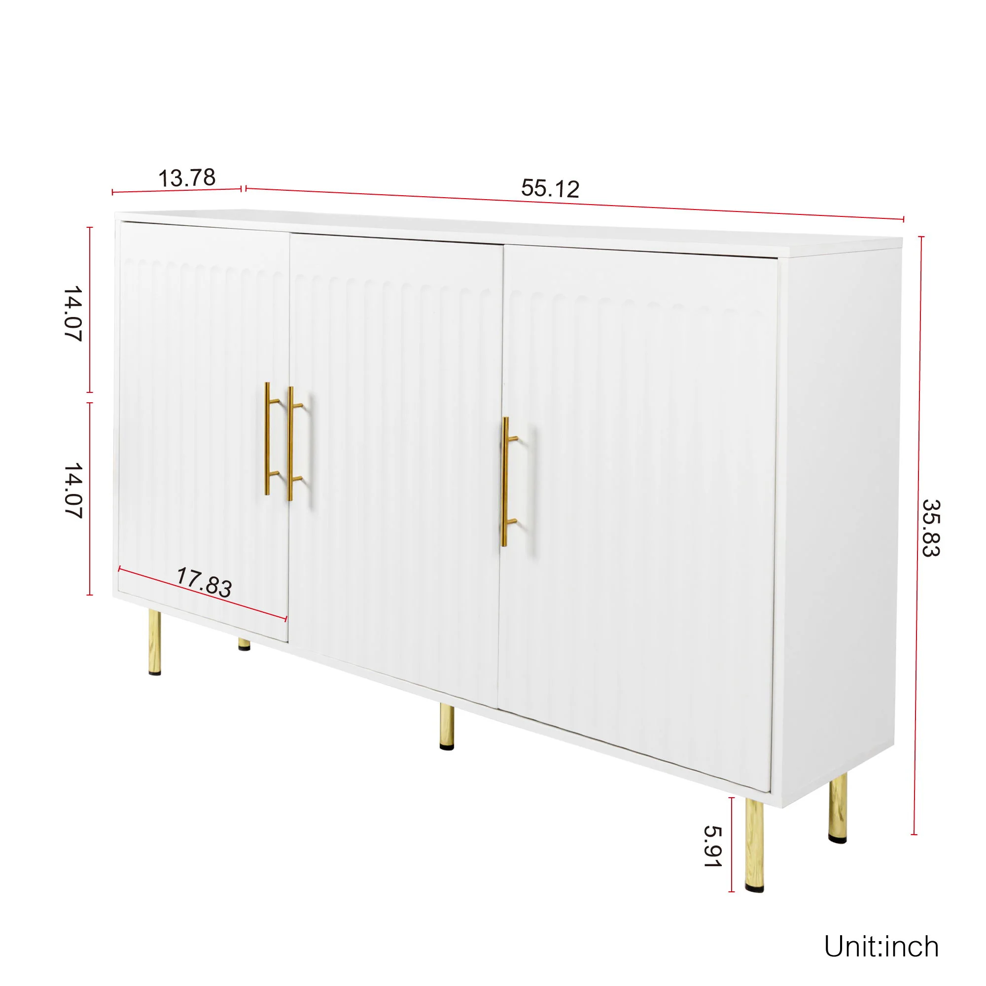 3 Door Storage Sideboard Cabinet Buffet With Gold Handles 55x36in White - Image 7