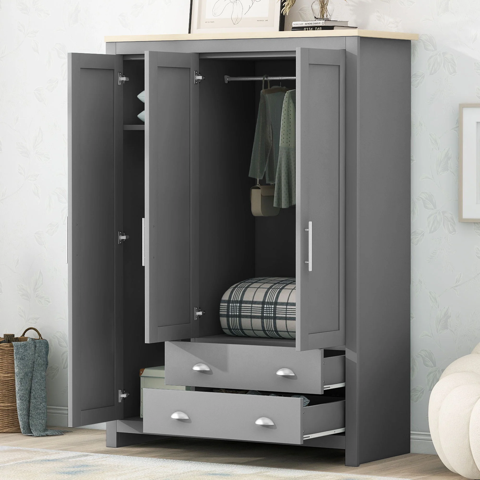 3 Door Storage Wardrobe With Cabinets And 2 Hanging Rods - Gray - Image 8