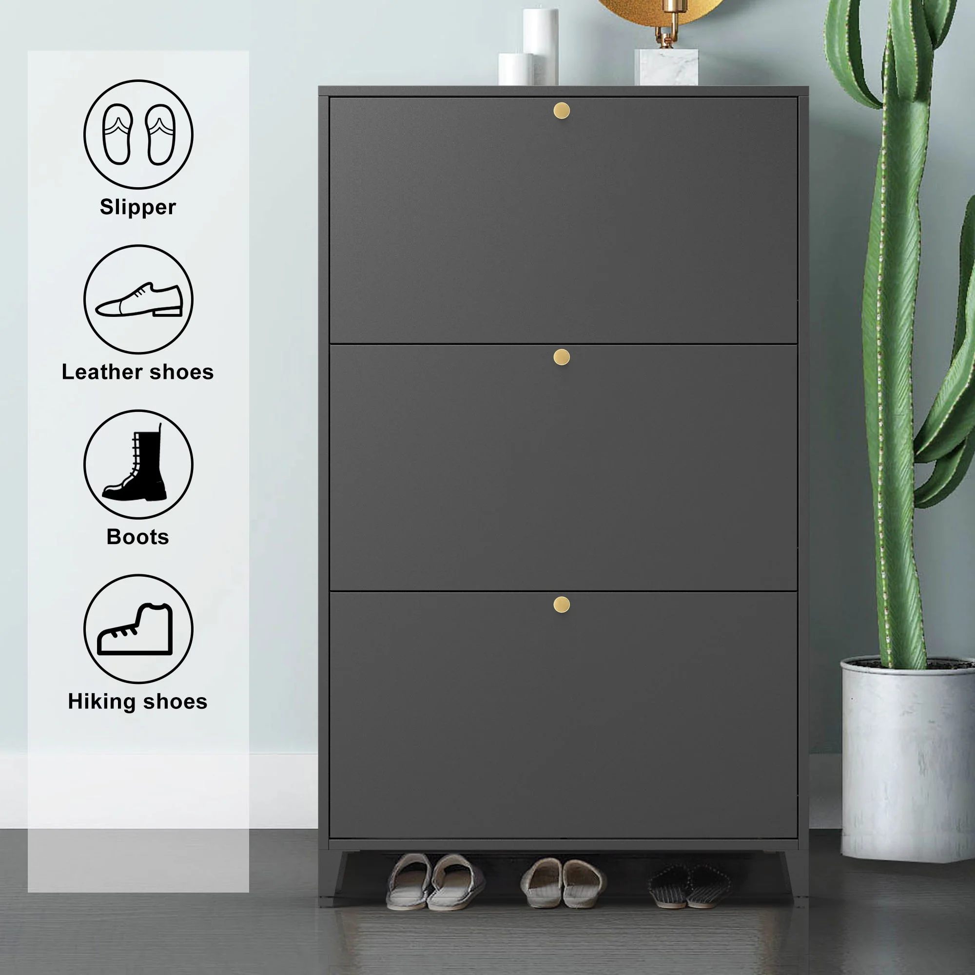 3 Drawer All Steel Shoe Cabinet, Freestanding Storage Organizer With Flip Door - Image 5