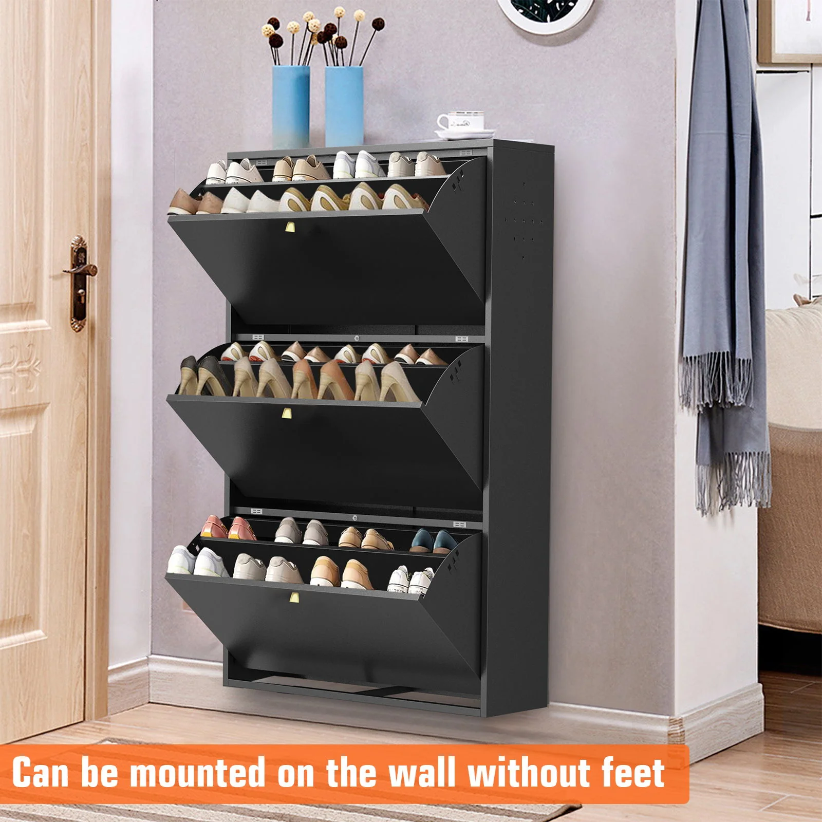 3 Drawer All Steel Shoe Cabinet, Freestanding Storage Organizer With Flip Door - Image 7