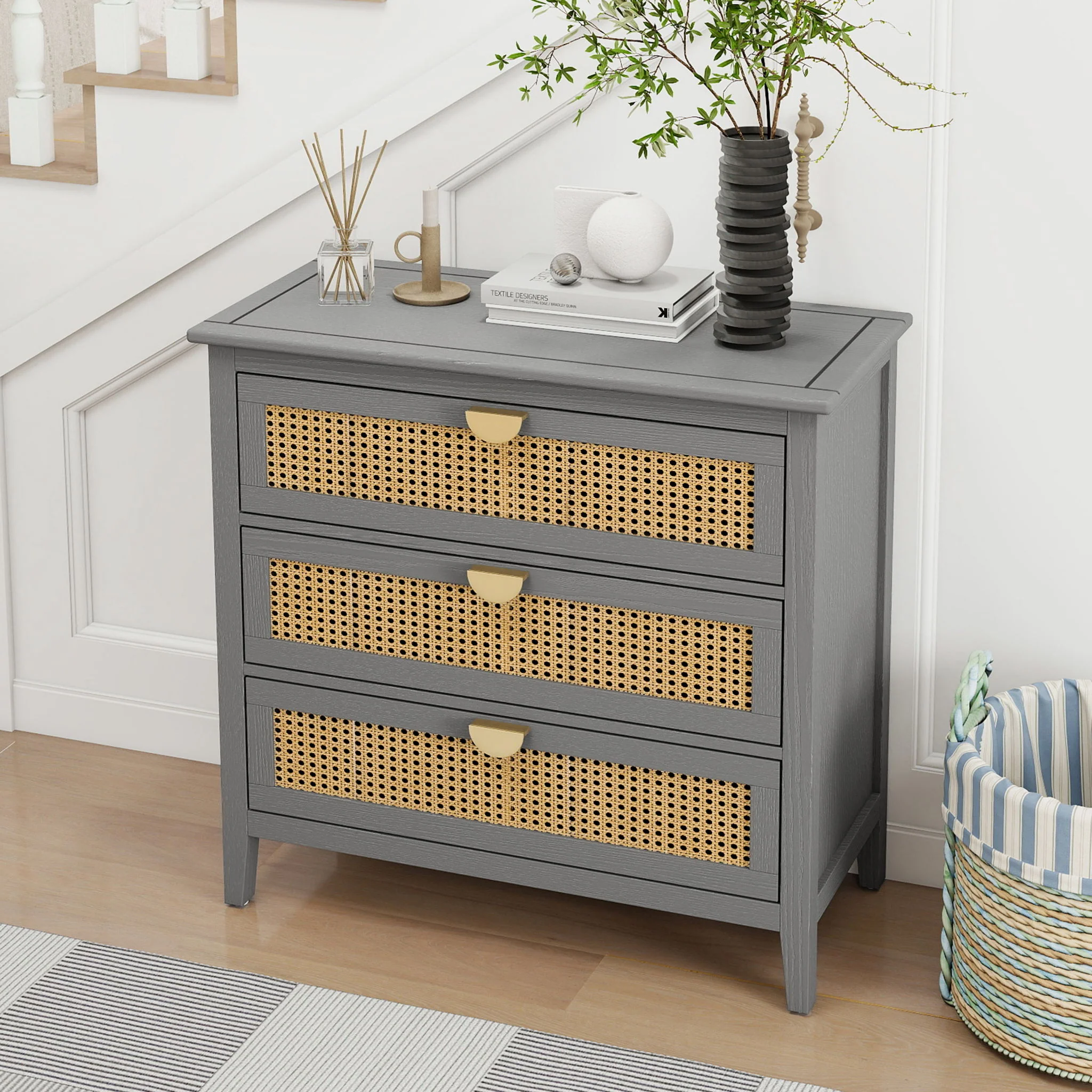 3 Drawer Cabinet, Natural Rattan, American Furniture - Image 16