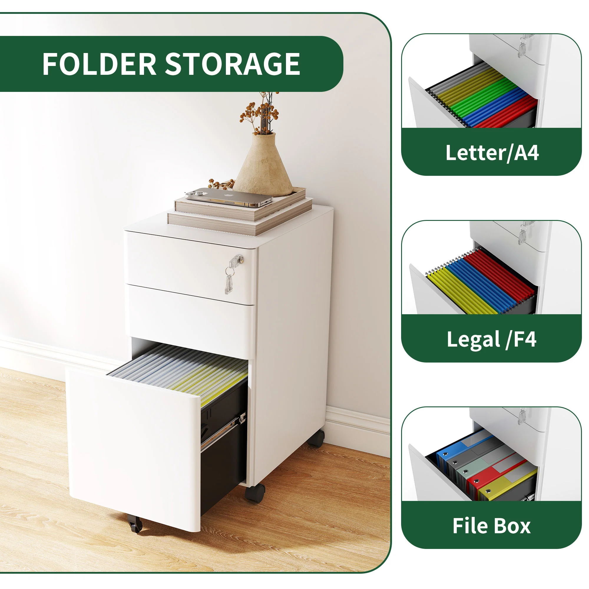 3-Drawer Mobile File Cabinet With Lock, On Wheels, Two Shallow & One Deep Drawer For Office/Home, Fully Assembled - White - Image 5
