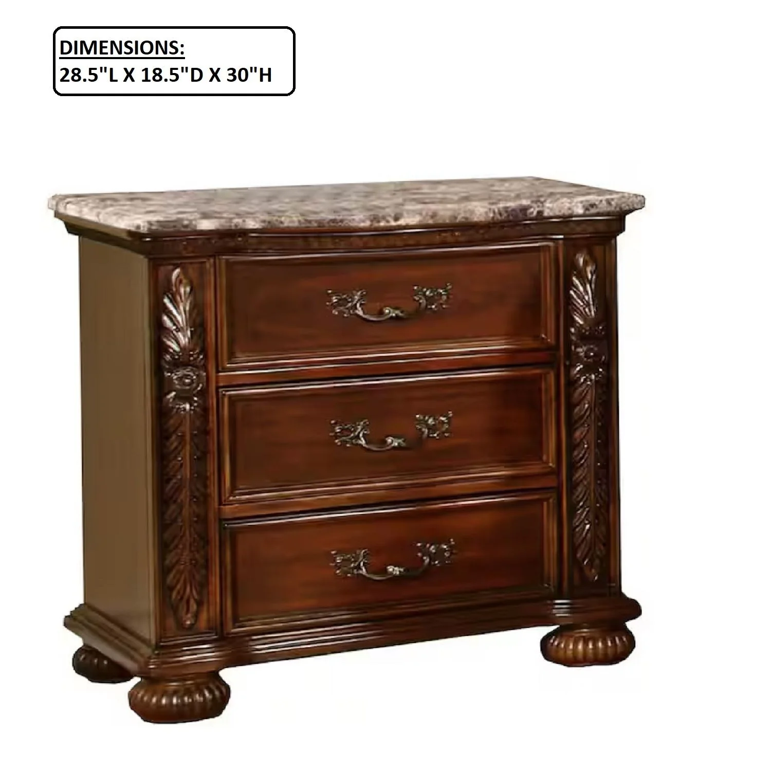 3 Drawer Nightstand, Bedside Table Hand Carved Storage For Bedroom - Cherry - Image 2