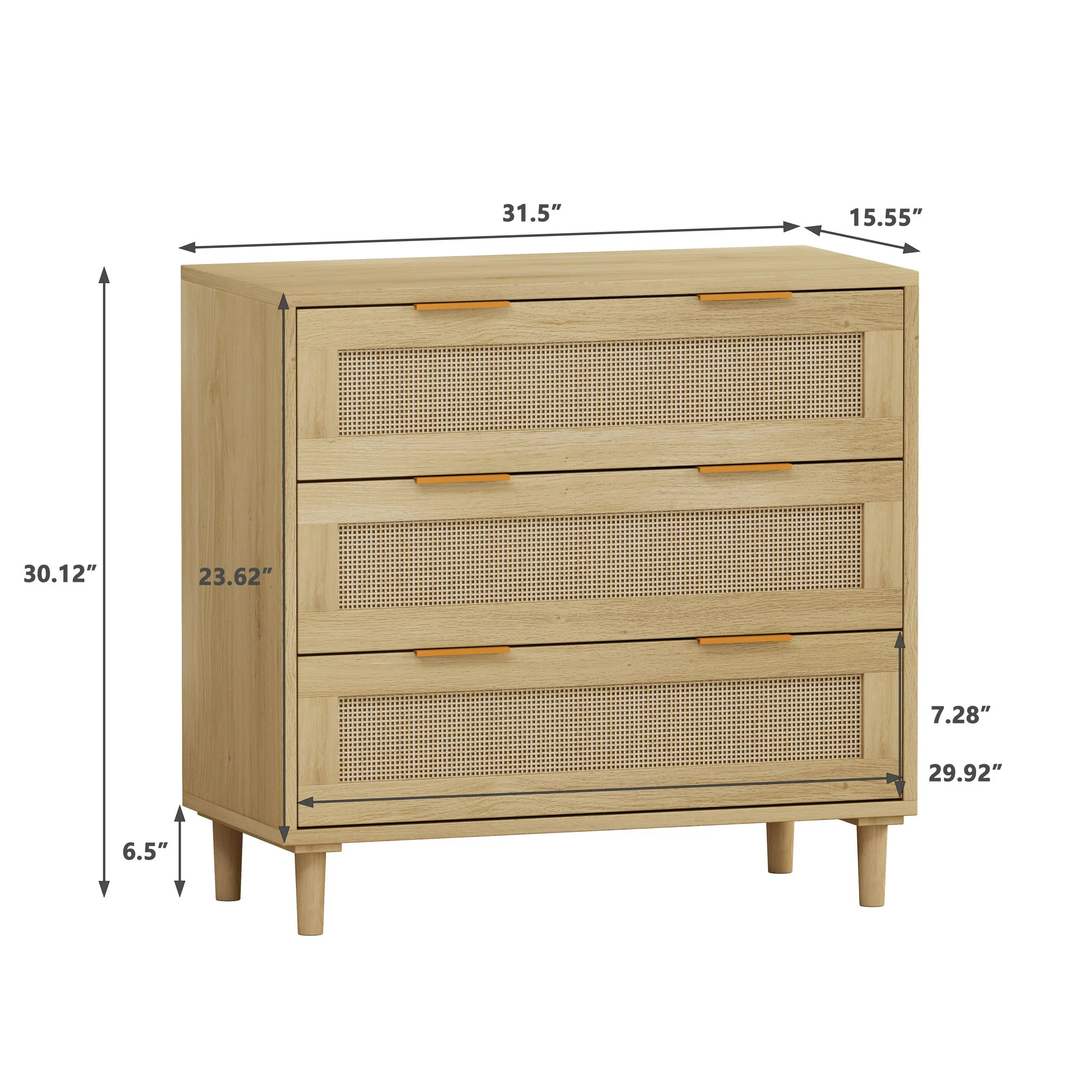 3 Drawer Storage Cabinet With Rattan Drawers For Bedroom, Living Room - Oak - Image 5