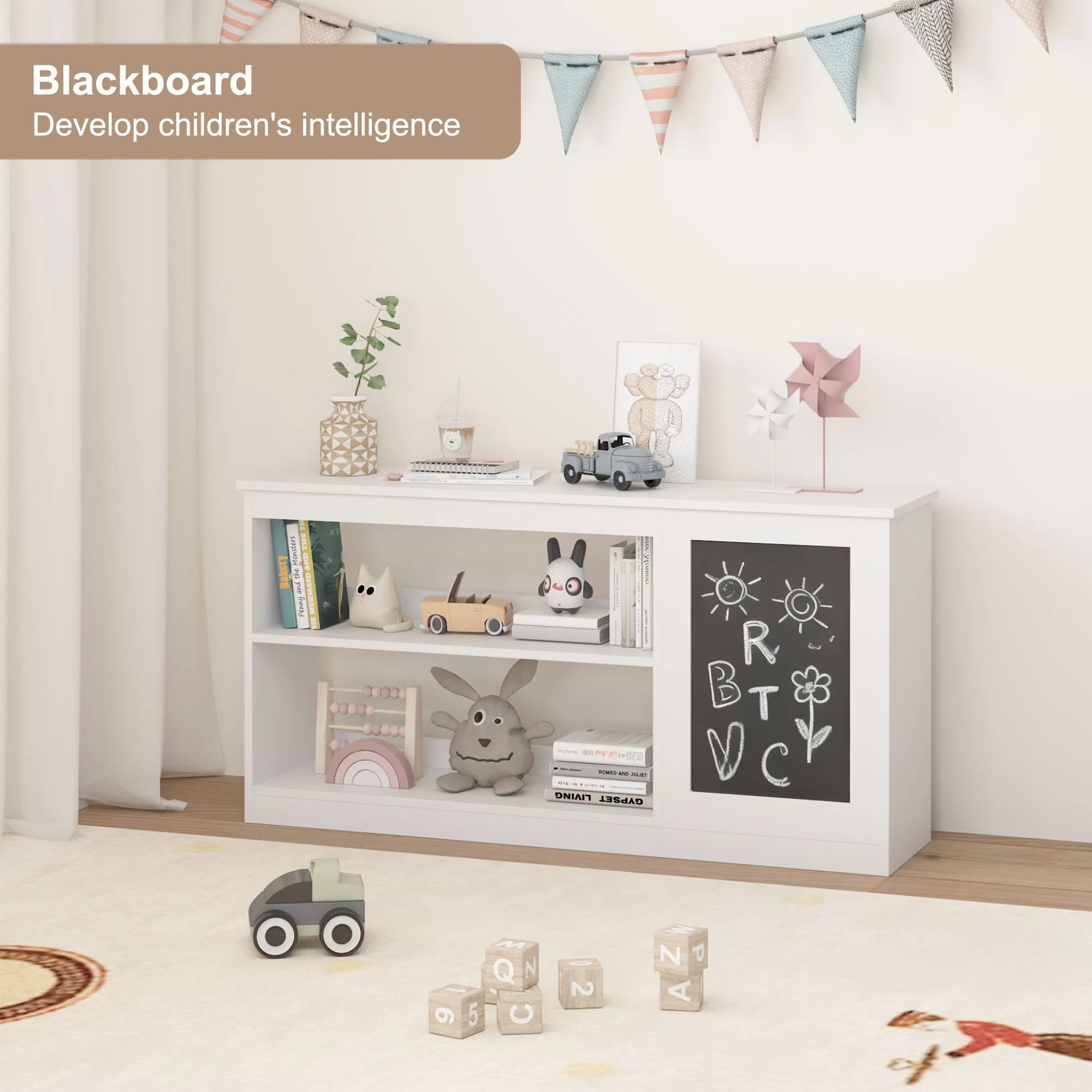 3 In 1 Bookshelf And Toy Storage Cabinet With Chalkboard, Organizer For Playroom Featuring And Spacious Storage - White - Image 6
