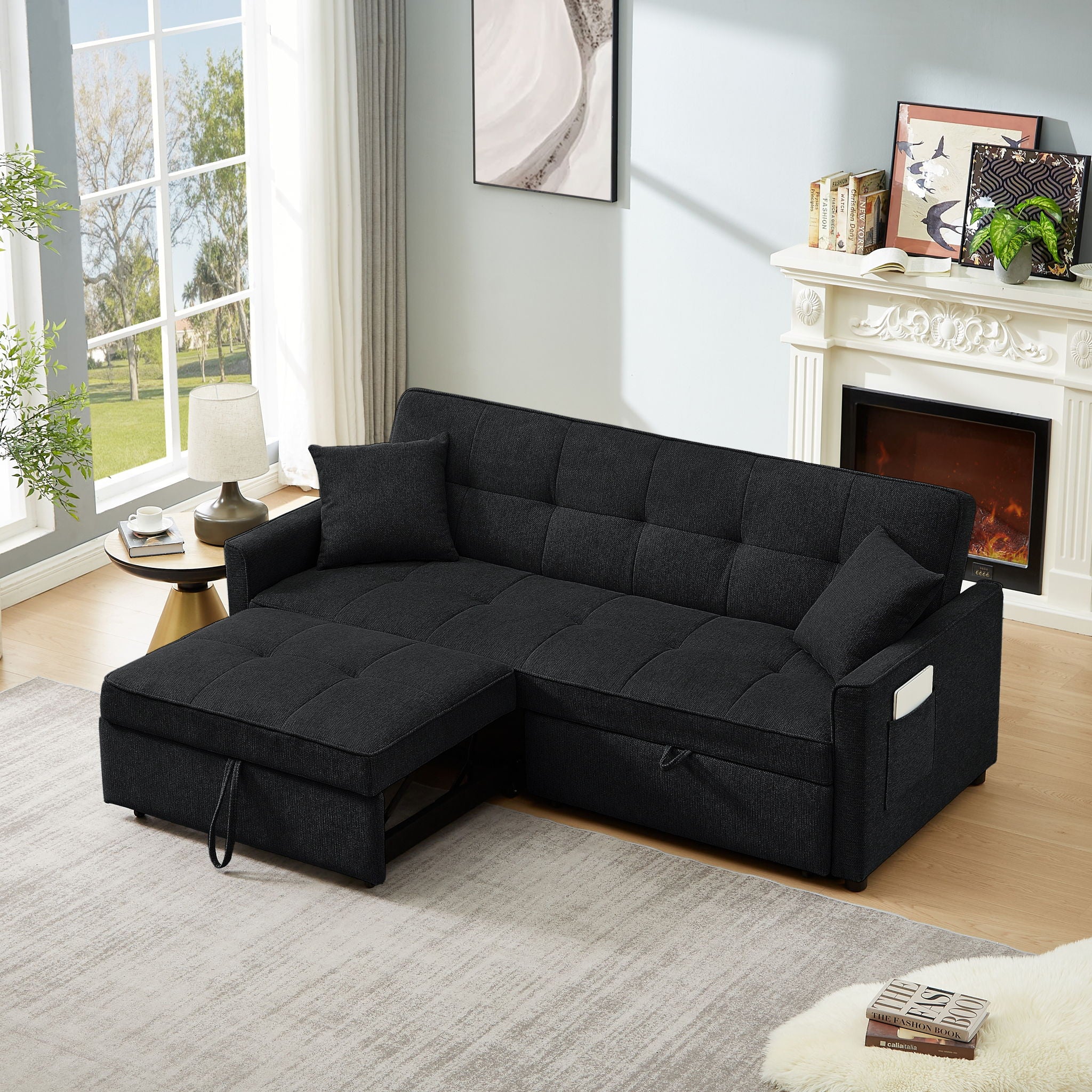 3 In 1 Convertible Sleeper Sofa Bed, Reclining Backrest, Pillows, Pockets - Image 2