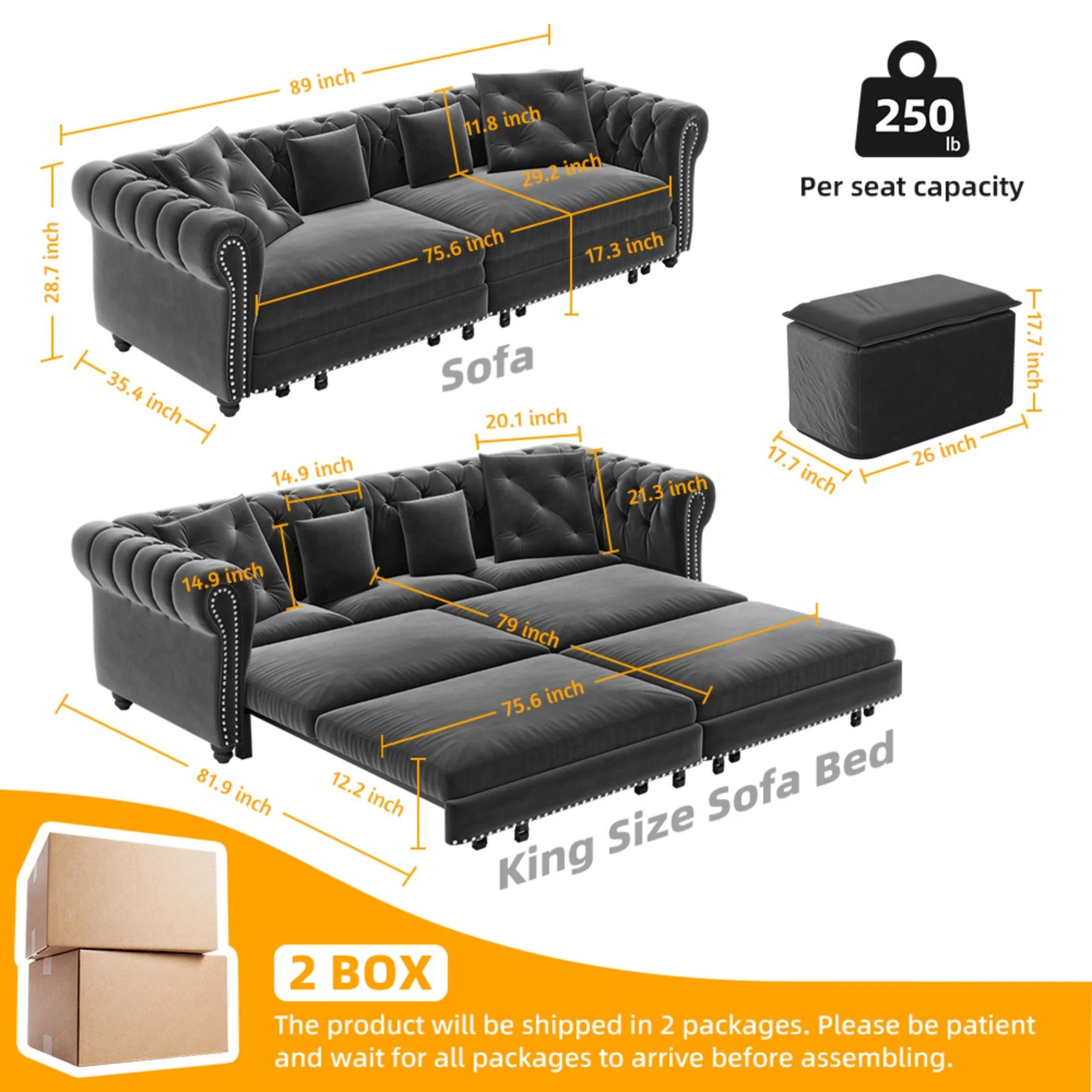 3 In 1 Convertible Sleeper Sofa Bed With Movable Ottoman - Image 43