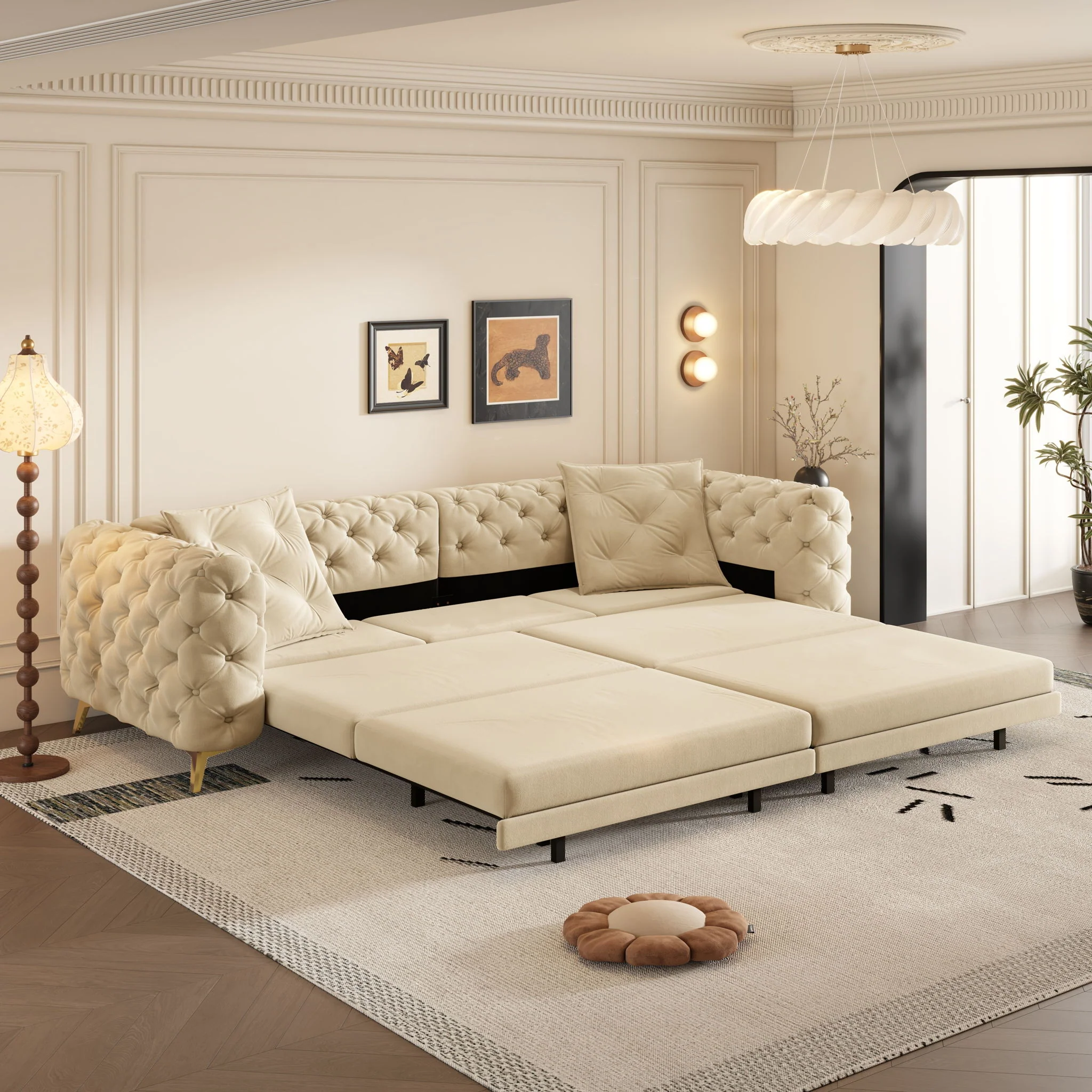 3 In 1 Convertible Sleeper Sofa, Pull Out Bed, Button Tufted, 4 Seater Couch With Movable Ottoman For Apartment - Apricot - Image 6