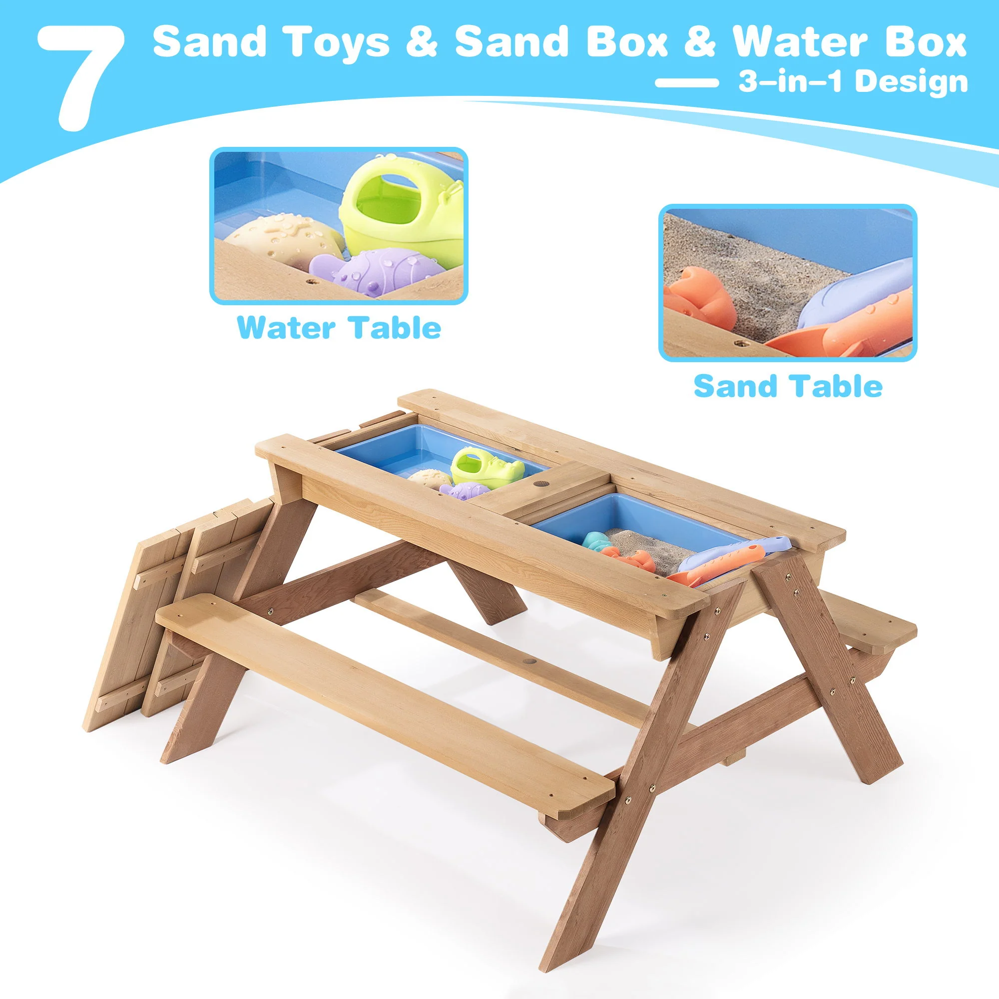 3-In-1 Kids Outdoor Wooden Picnic Table With Umbrella, Convertible Sand & Water, ASTM & CPSIA Certification - Image 6