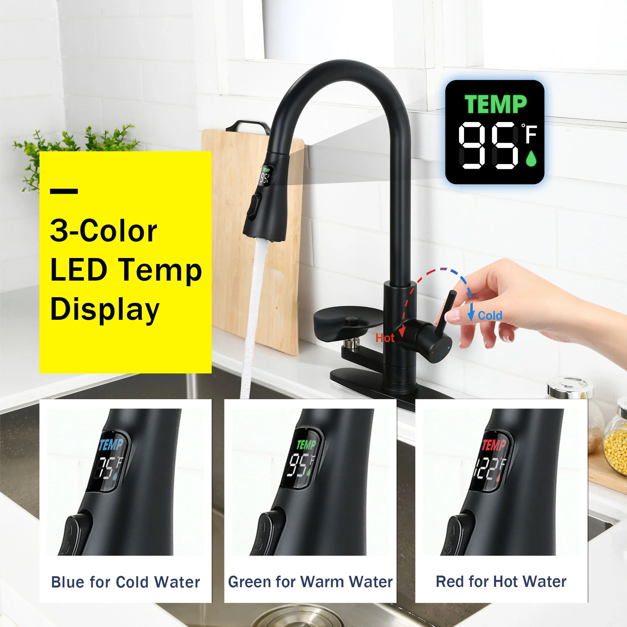 3 In 1 Kitchen Faucet With LED Temperature Display, Pull Down Sprayer - Image 7