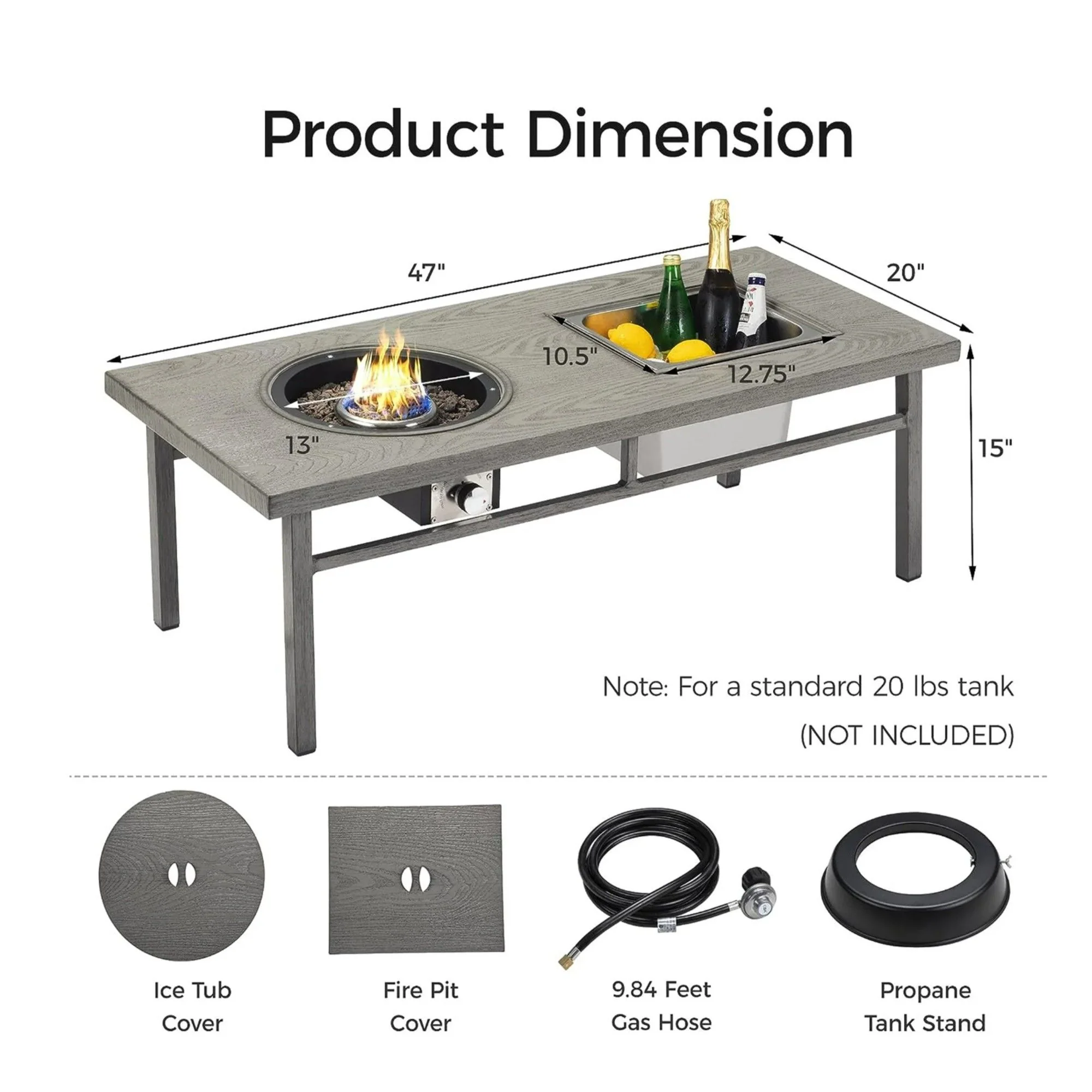 3 In 1 Outdoor Propane Fire Pit Table 50, 000 BTU With Ice Bucket - Gray - Image 7