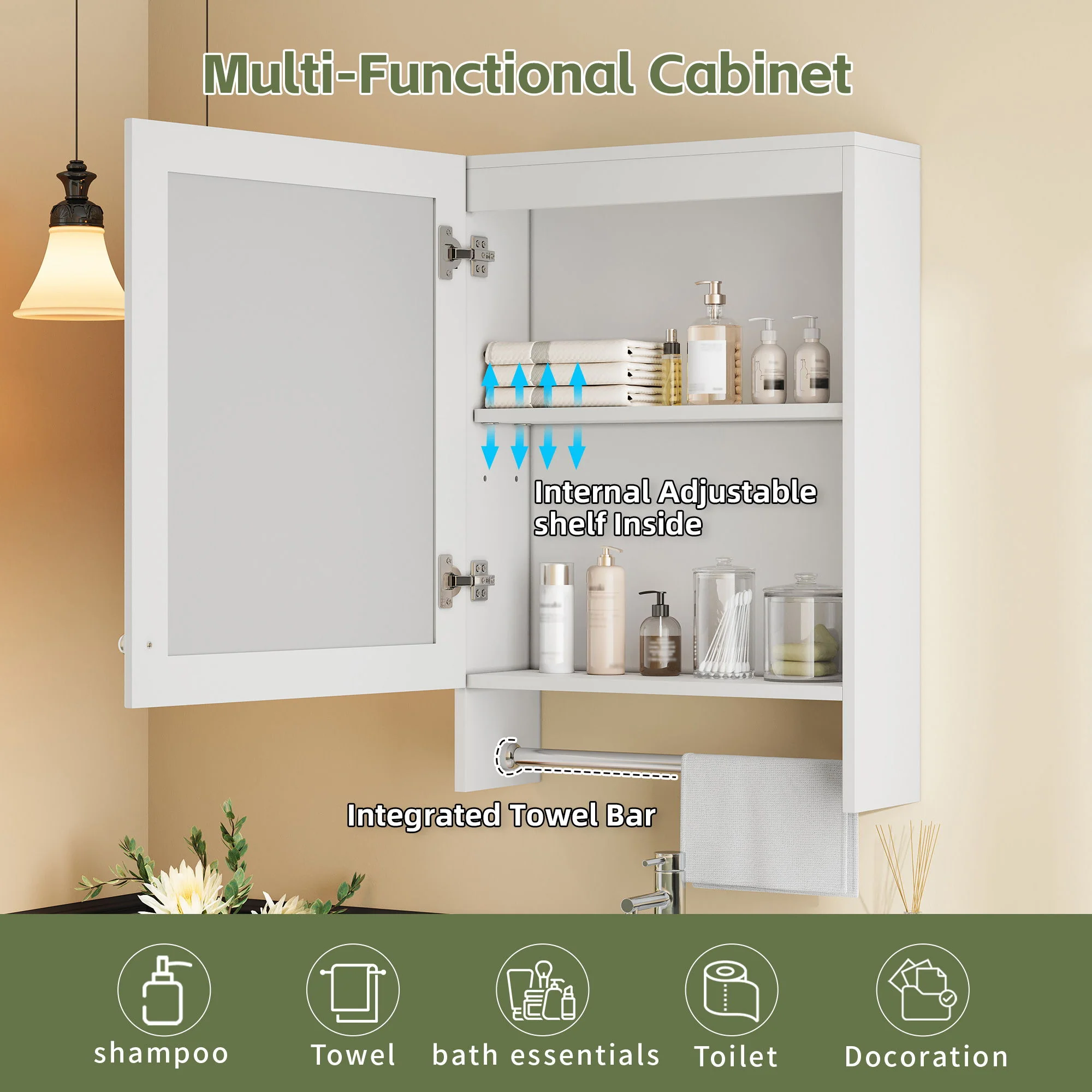 3 In 1 Wall Mounted Bathroom Mirror Cabinet With Adjustable Shelf, Soft Close Door, Mirror & Towel Bar - White - Image 5