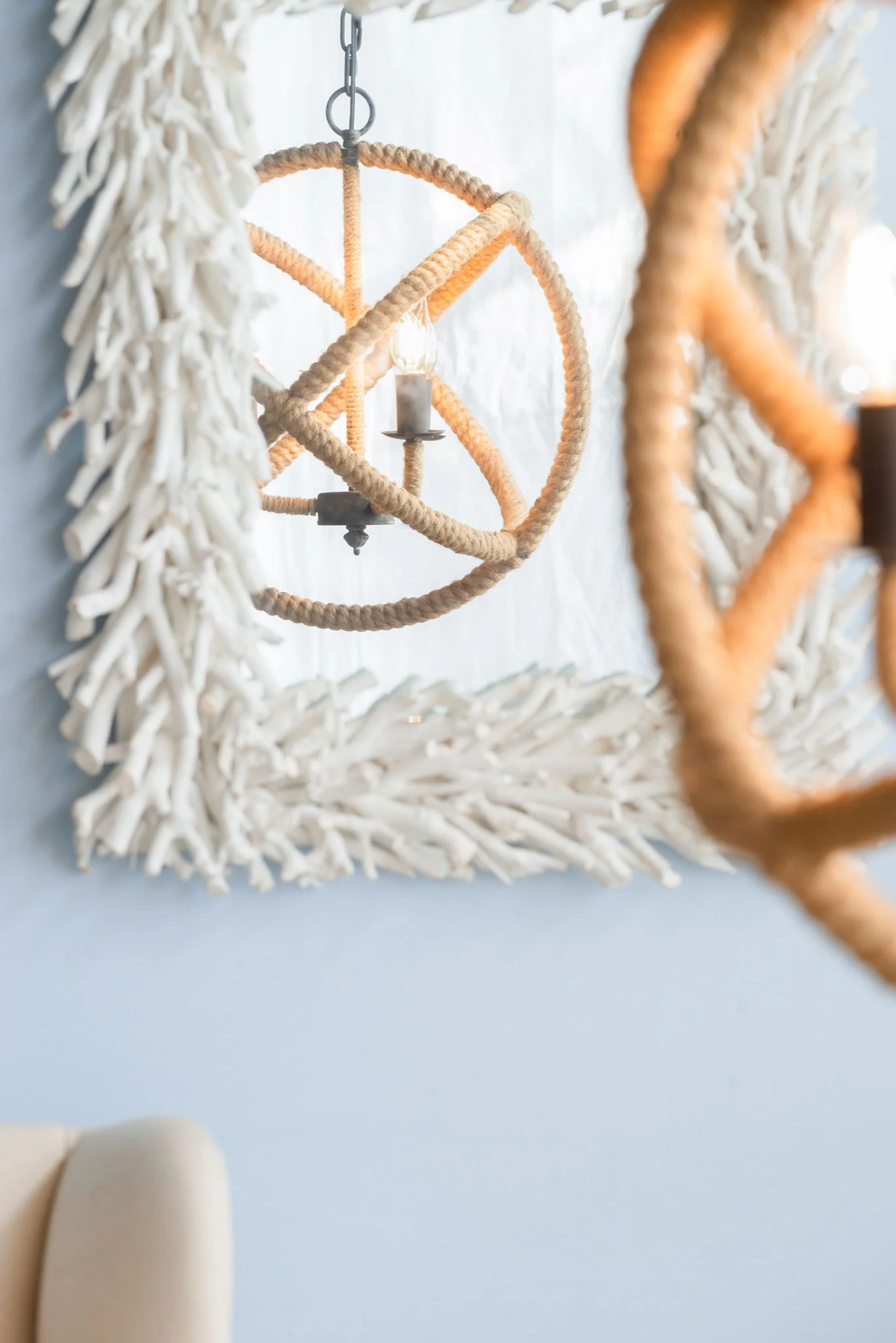 3 Light Farmhouse Chandelier, Rope Chandelier Globe Hanging Light Fixture With With Adjustable Chain For Kitchen, Bulb Not Included - Beige Brown - Image 5