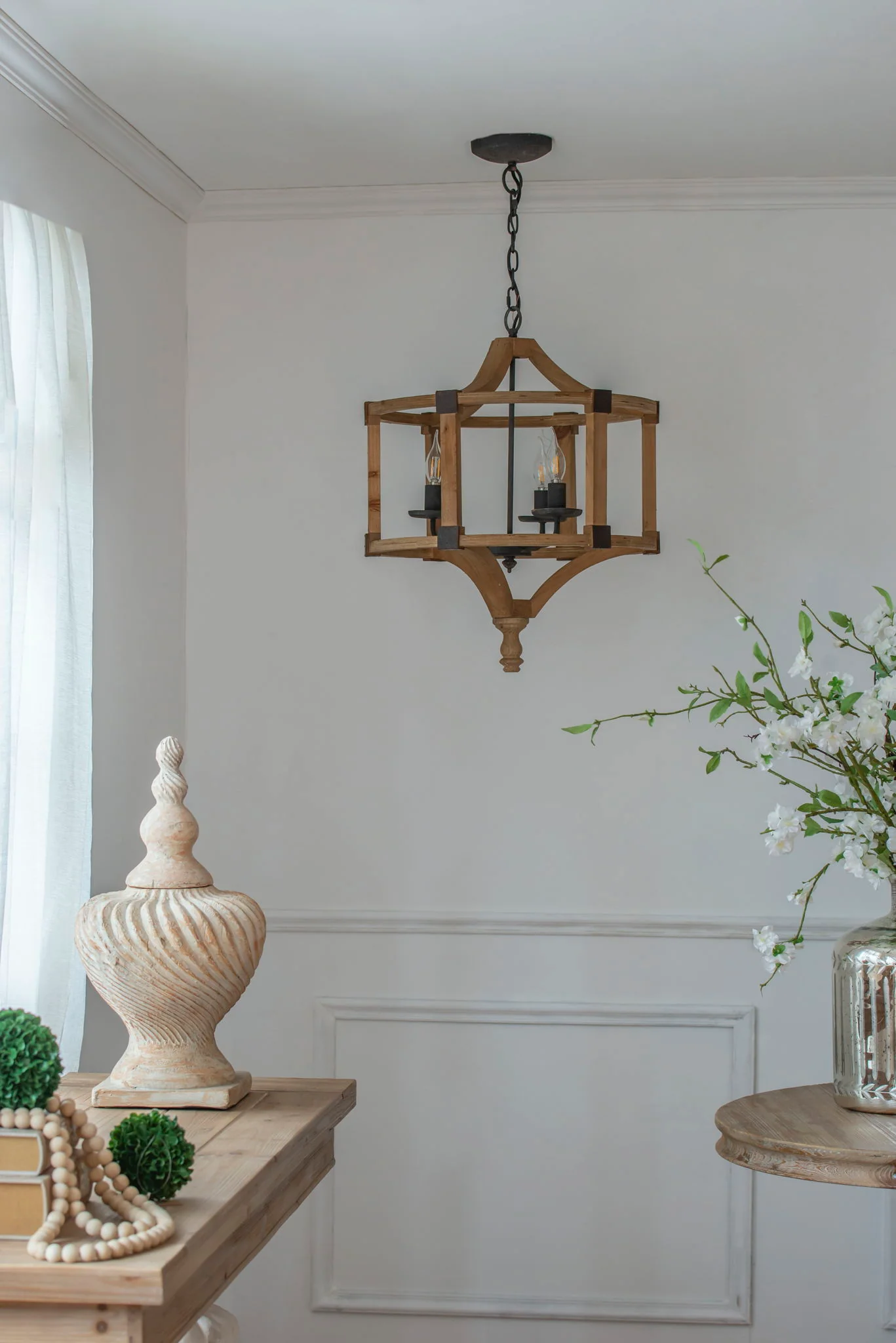 3 Light Wood Drum Chandelier, Hanging Light Fixture With Adjustable Chain For Kitchen, Bulb Not Included - Brown - Image 6