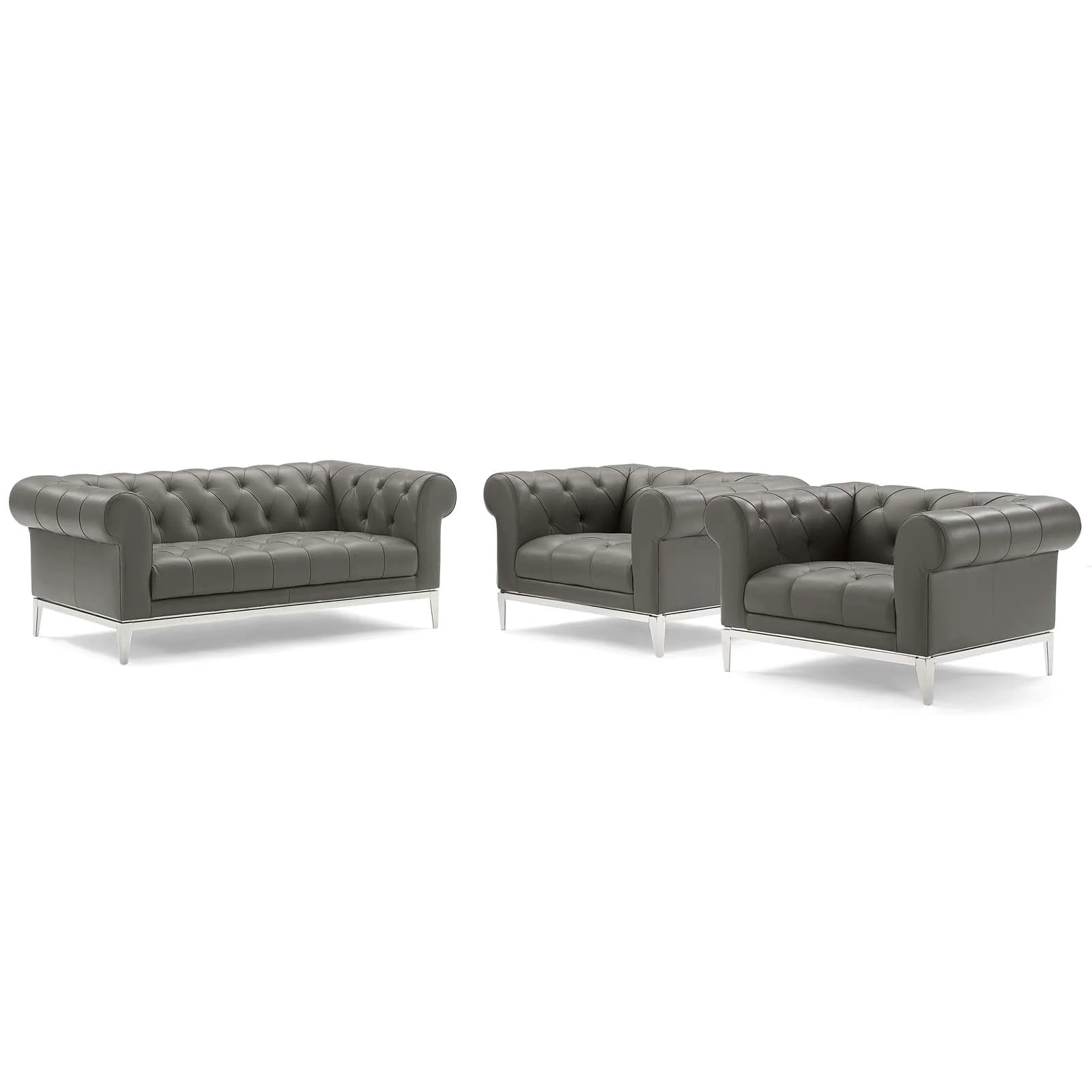 3 Piece 109" Leather Chesterfield Loveseat and 2 Armchair Set