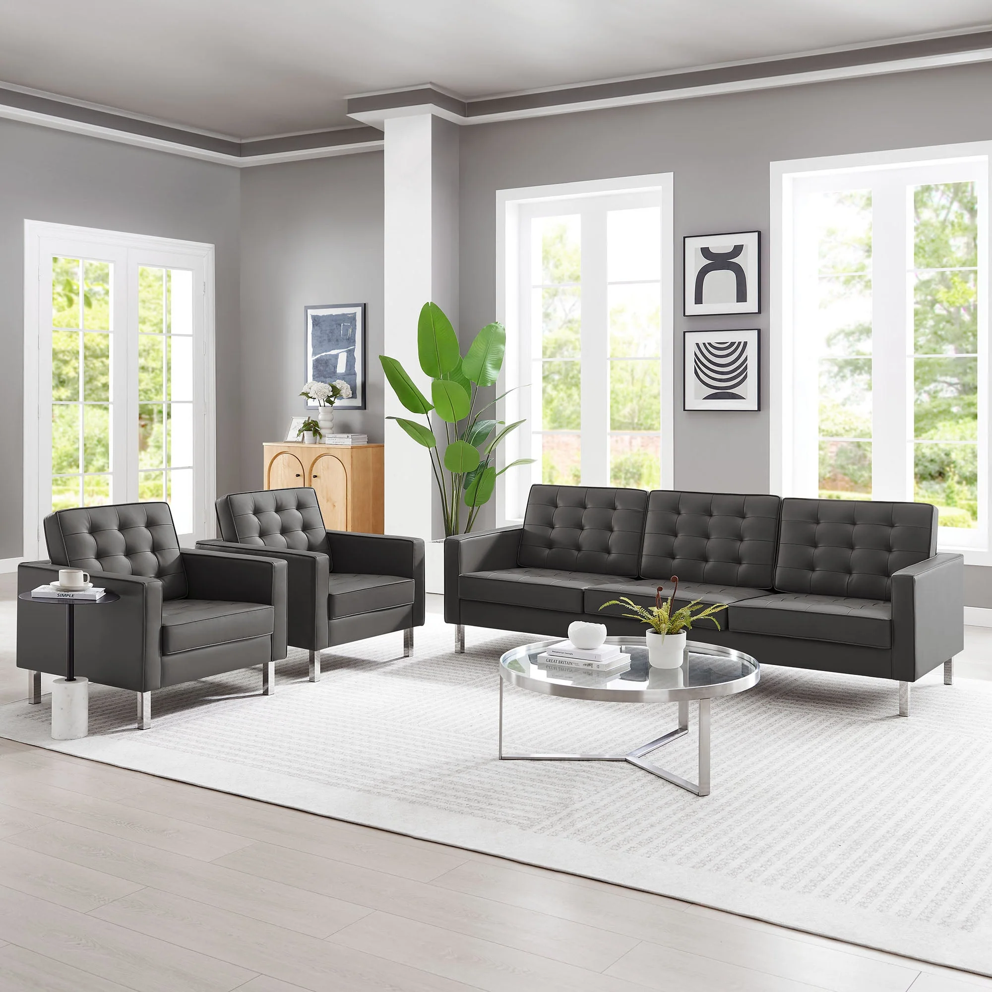3 Piece 123" Tufted Vegan Leather Furniture Set - Image 5