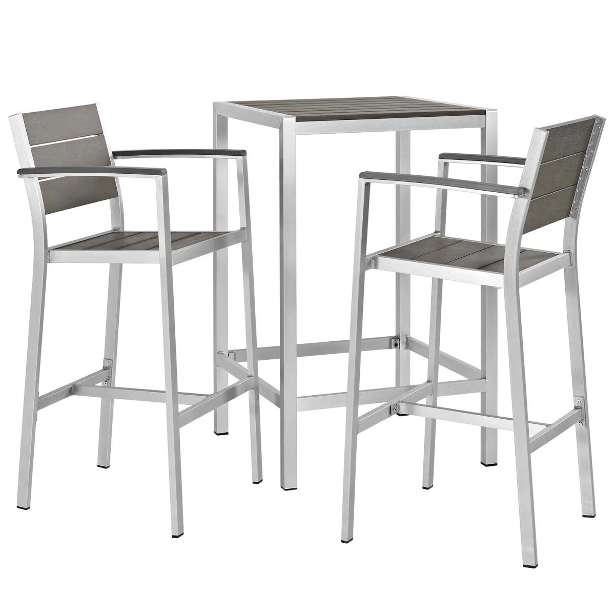 3-Piece Aluminum Outdoor Pub Set with Wood Accents – Silver and Gray