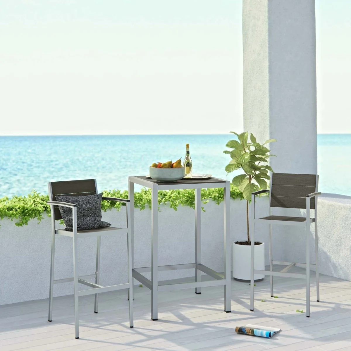 3-Piece Aluminum Outdoor Pub Set with Wood Accents – Silver and Gray - Image 7