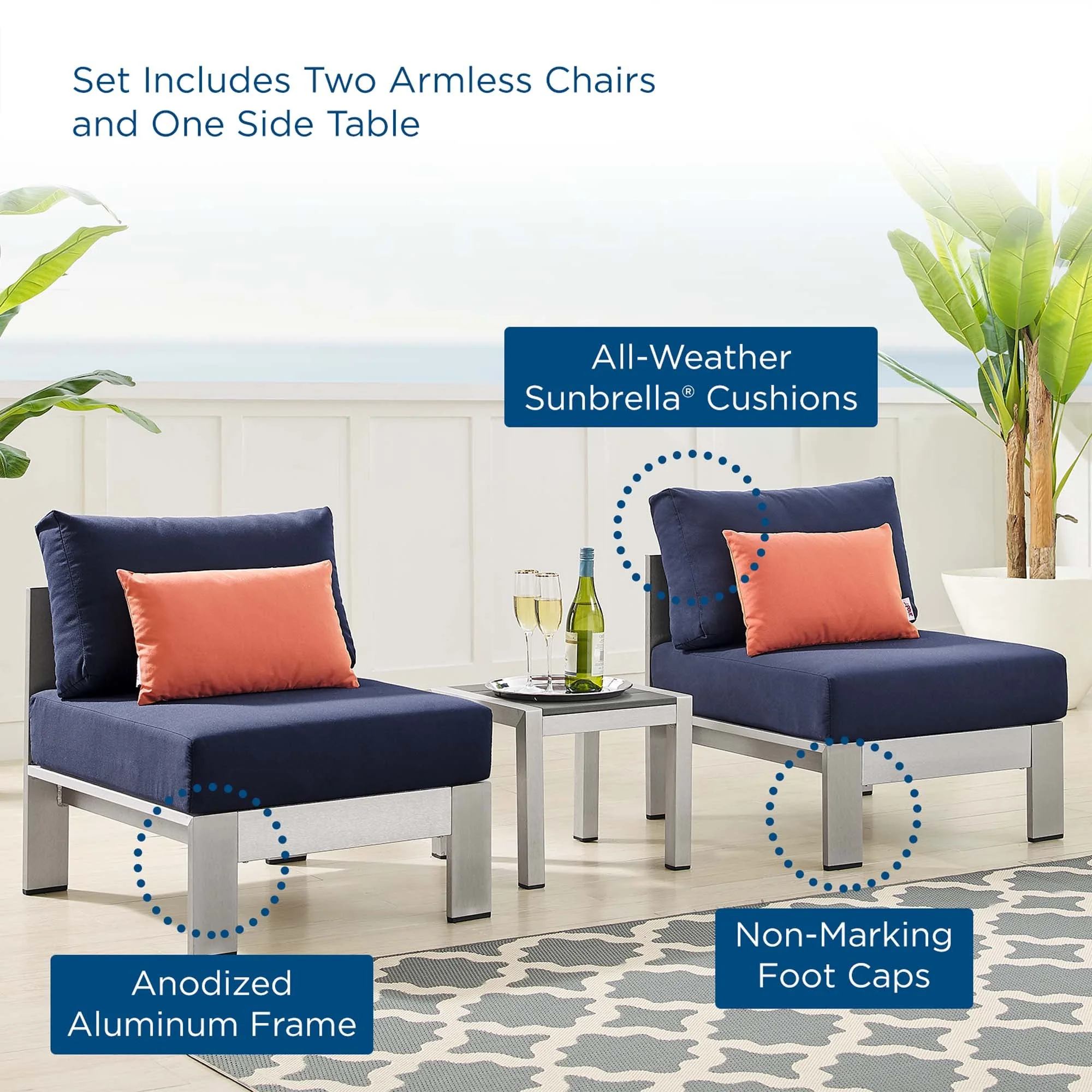 3-Piece Aluminum Patio Seating Set with Sunbrella Cushions Outdoor Weather-Resistant - Image 2