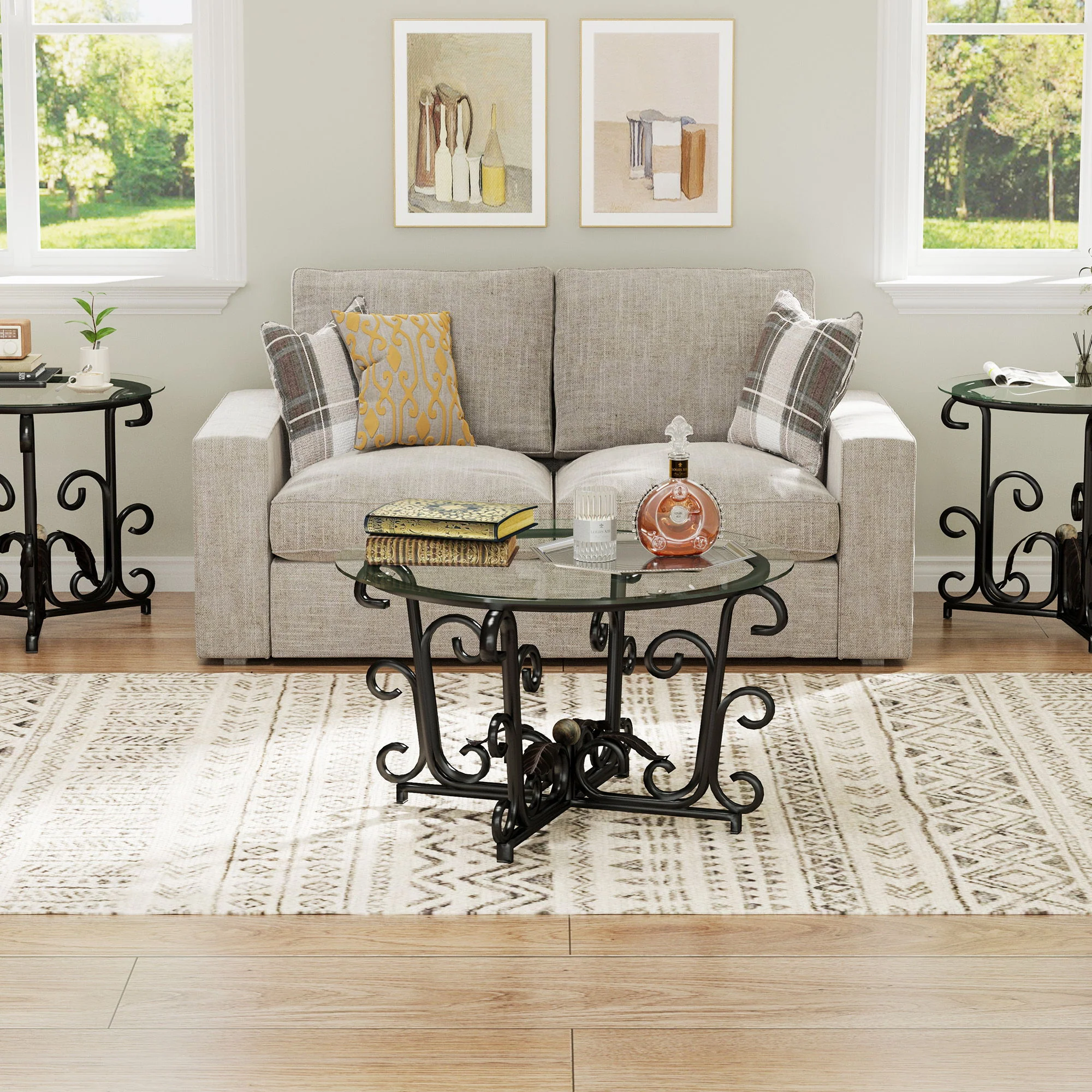 3 Piece Coffee Table Set With Tempered Glass Surface - Black - Image 3
