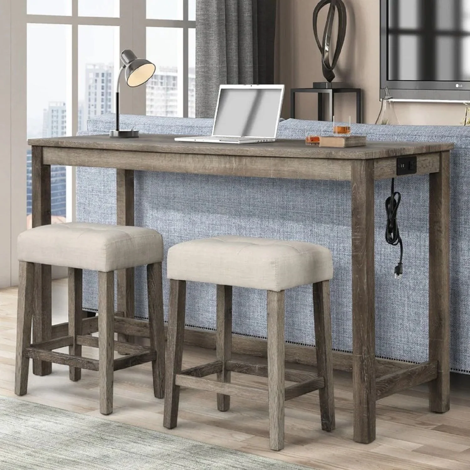 3 Piece Counter Bar Dining Set Table With Electric Outlet And 2 USB Ports, Tufted Upholstered Stools - Brown / Beige - Image 4