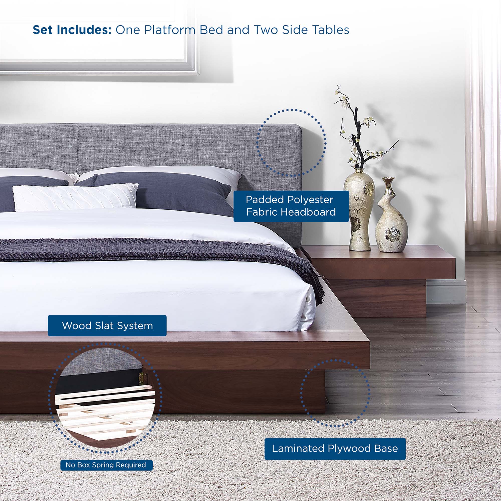 3-Piece Fabric Queen Bedroom Set with Integrated Nightstands - Image 2