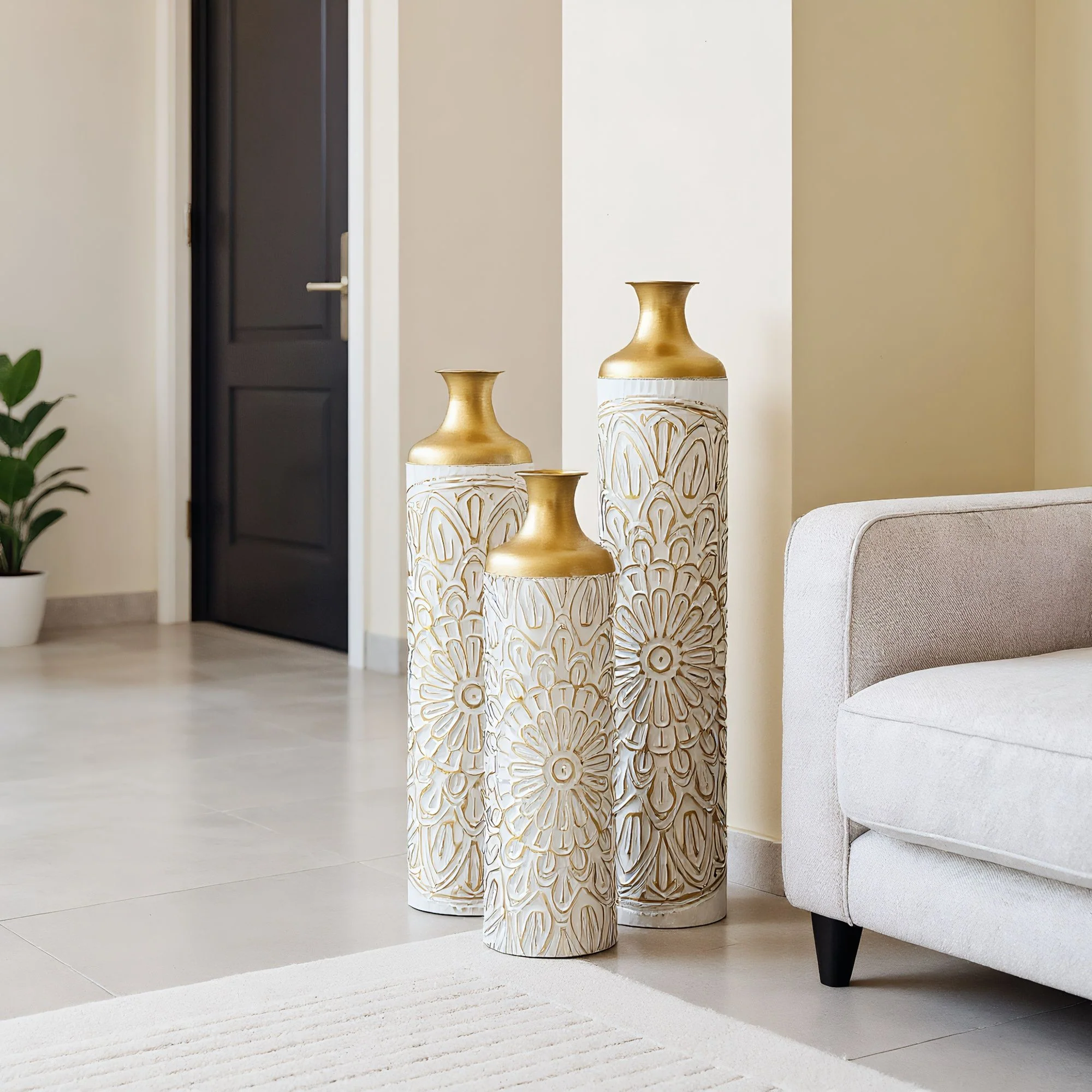 3 Piece Home Decoration Large Glazed Floor Vase Decoration Home Droplet Shaped - Gold / White - Image 5