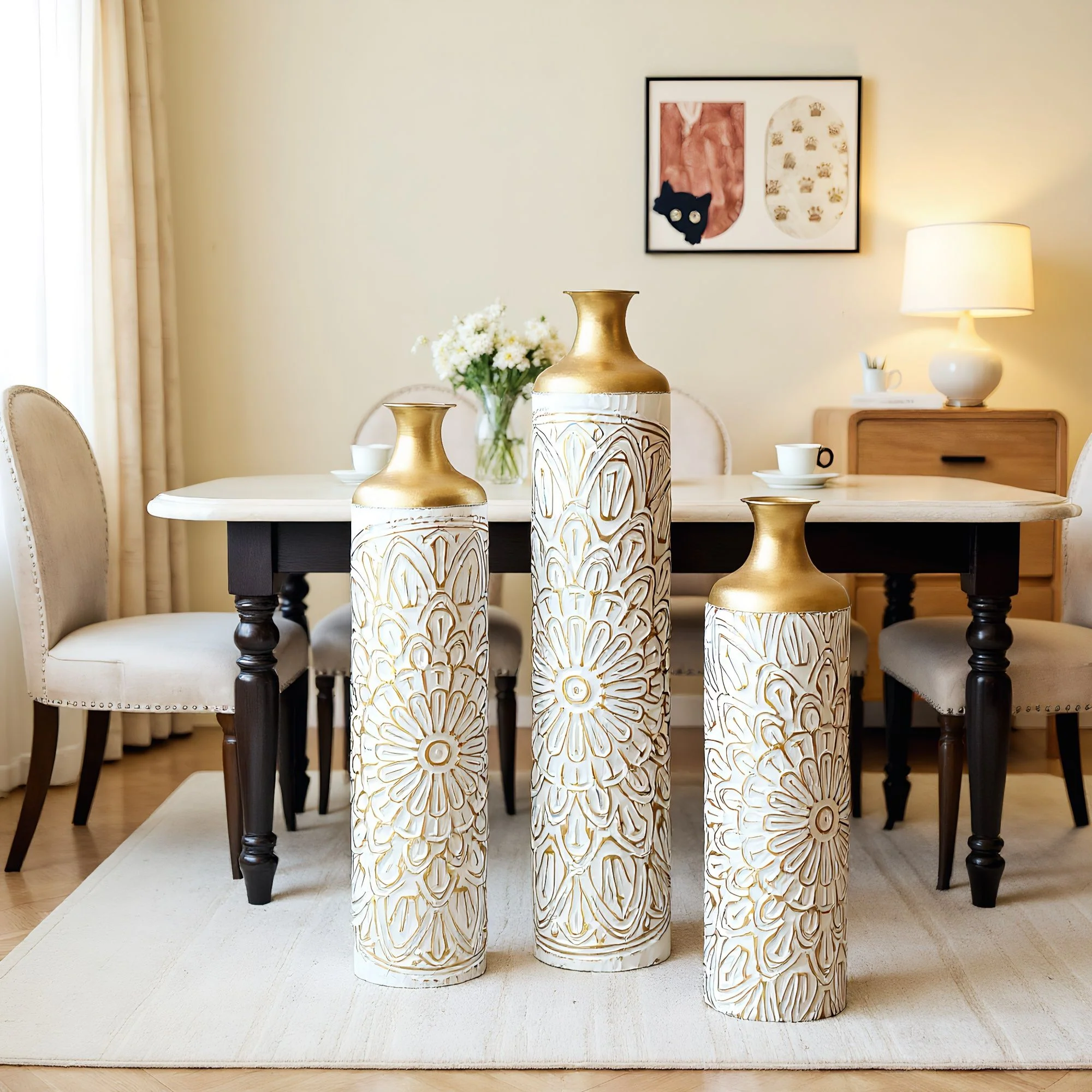 3 Piece Home Decoration Large Glazed Floor Vase Decoration Home Droplet Shaped - Gold / White - Image 8