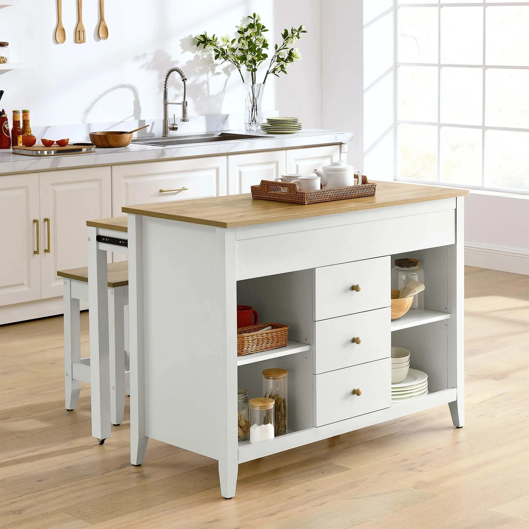 3 Piece Oak and White Kitchen Island Set with Pull-Out Table and Stools - Image 2