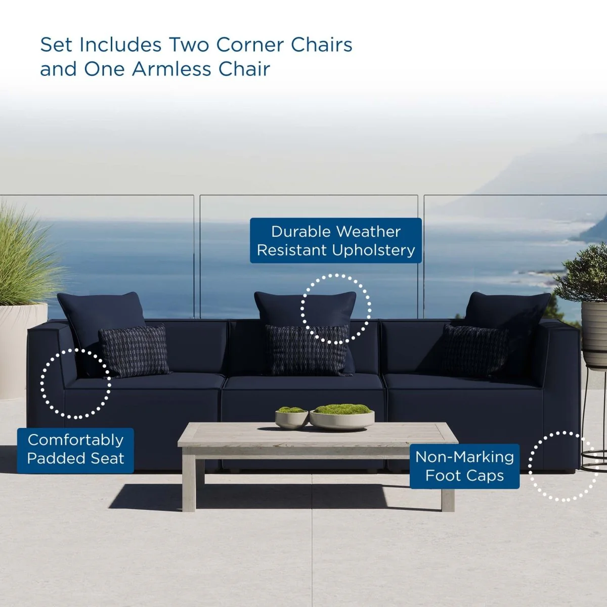 3-Piece Outdoor Patio Upholstered Sectional Sofa Set for Backyard and Deck Seating - Image 2