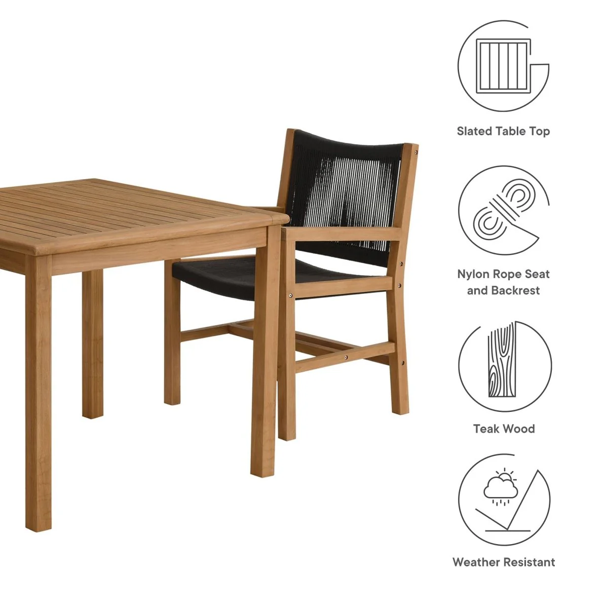 3-Piece Outdoor Teak and Rope Dining Set with Armchairs for Patio and Garden - Image 2