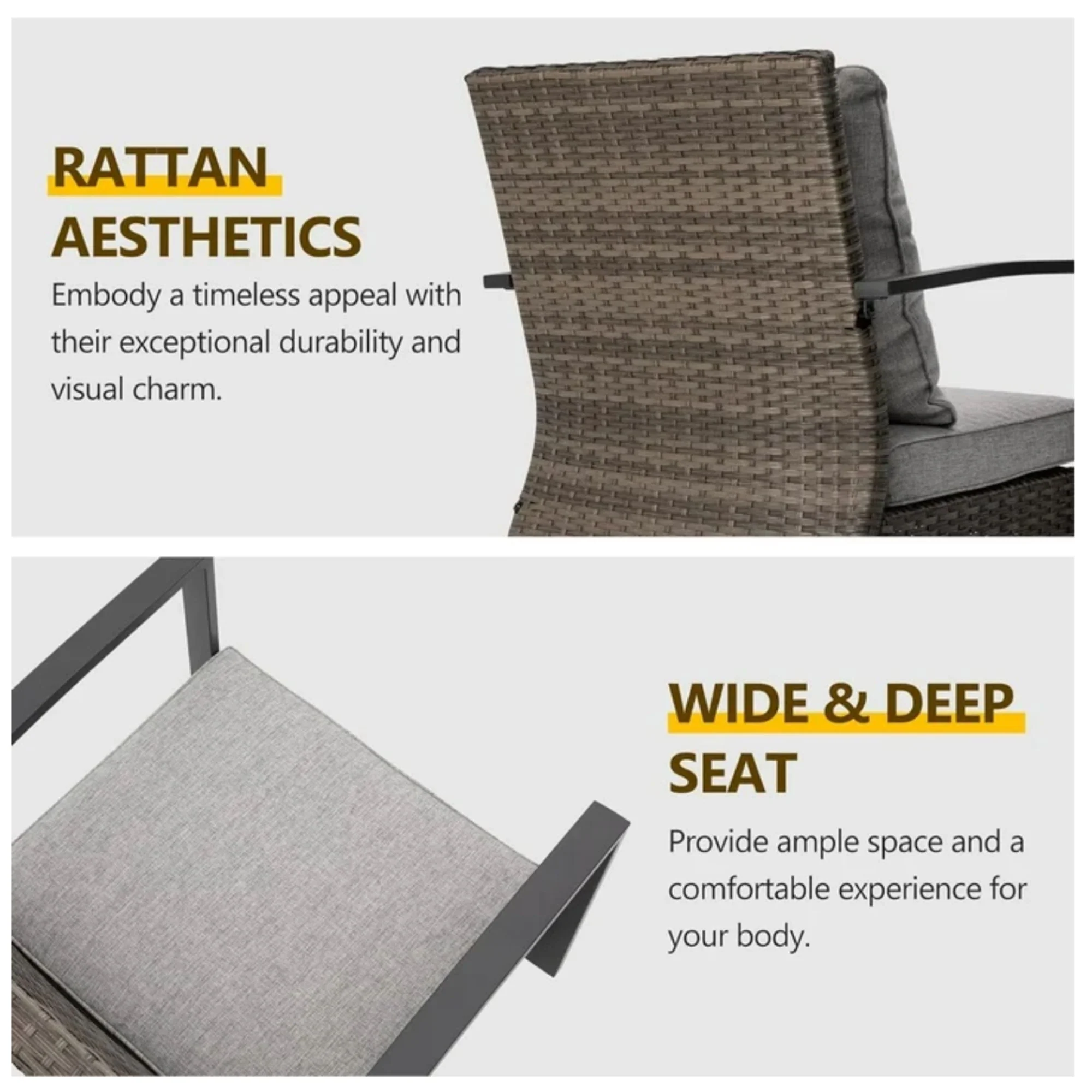 3 Piece Patio Furniture, Swivel Rocker Bistro Set With Side Table & Cushions For Porch - Gray - Image 7