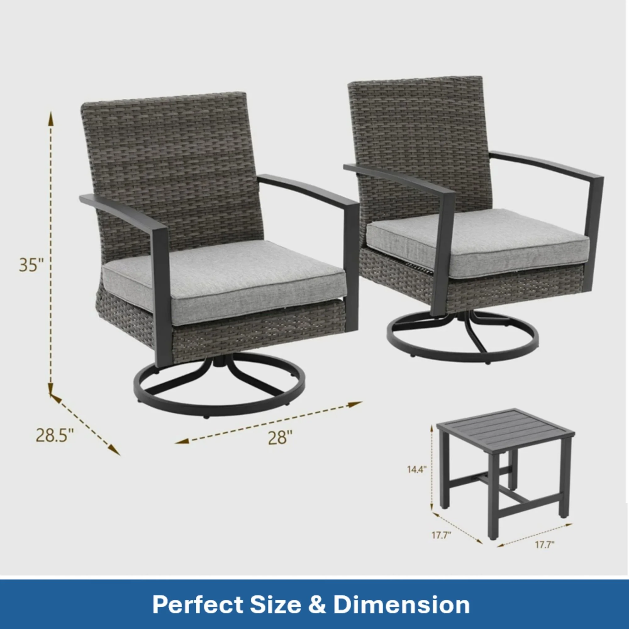 3 Piece Patio Furniture, Swivel Rocker Bistro Set With Side Table & Cushions For Porch - Gray - Image 9