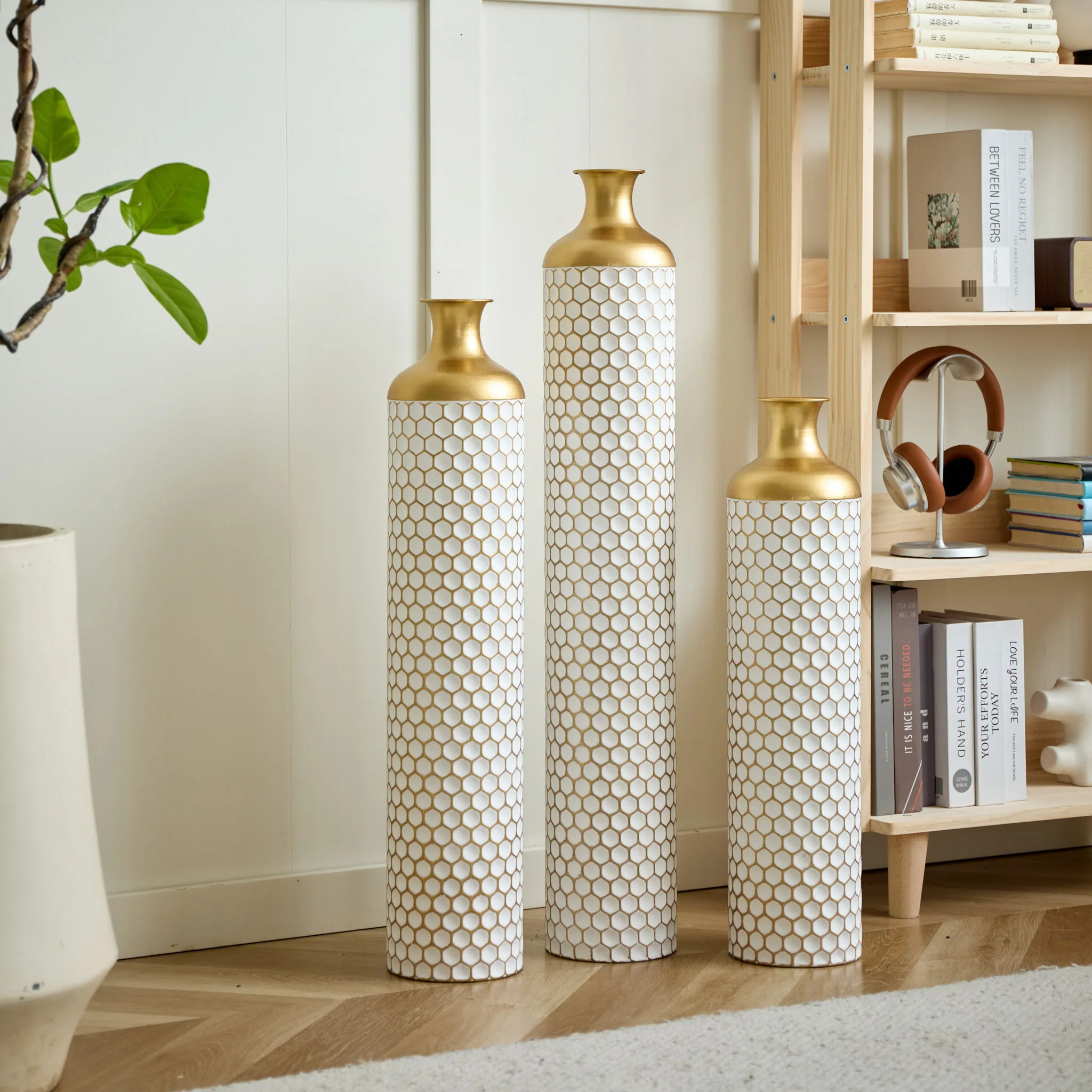 3 Piece Set Gorgeous Home Decoration Large Glazed Floor Vase Decoration Home Droplet Shaped - Gold / White - Image 2