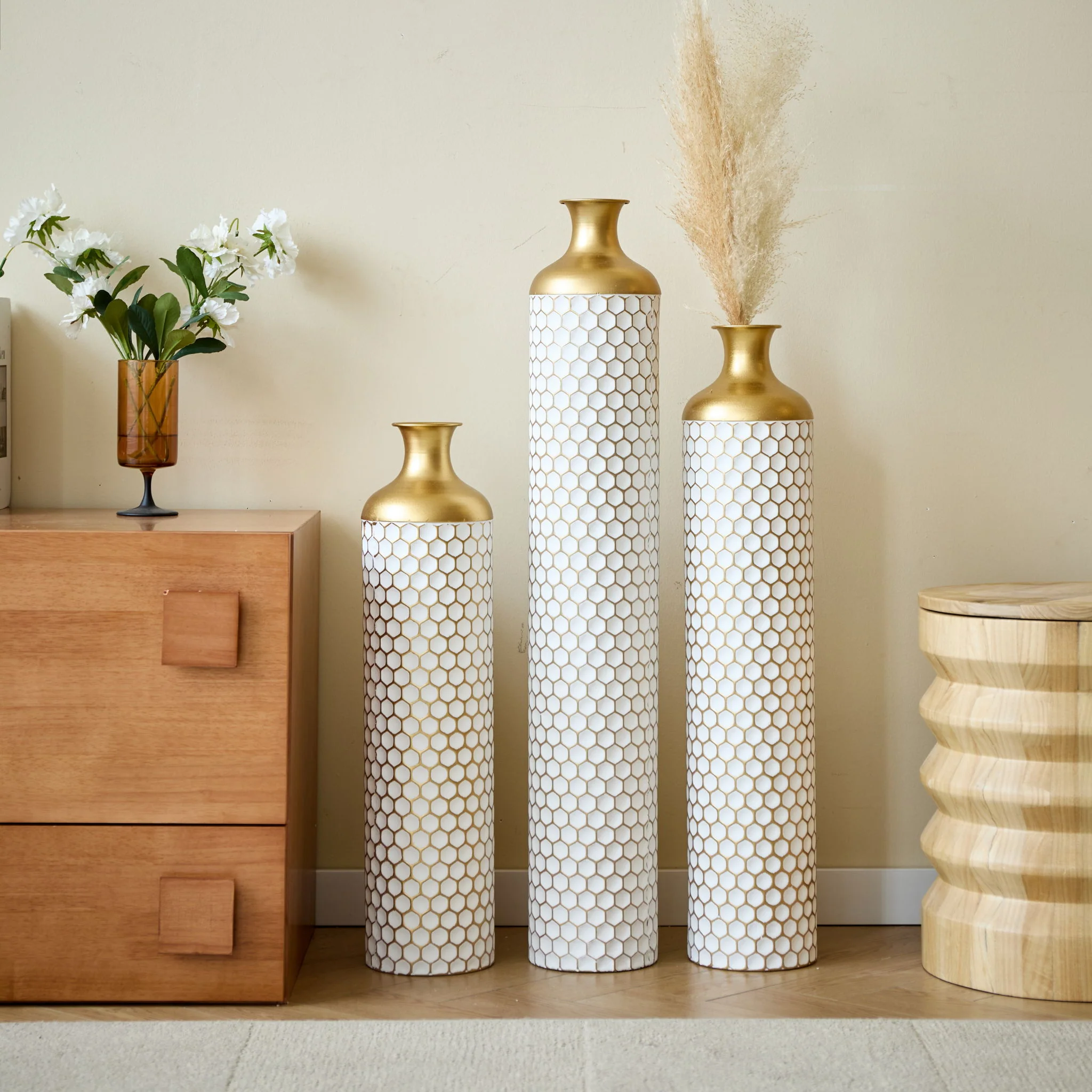 3 Piece Set Gorgeous Home Decoration Large Glazed Floor Vase Decoration Home Droplet Shaped - Gold / White - Image 6