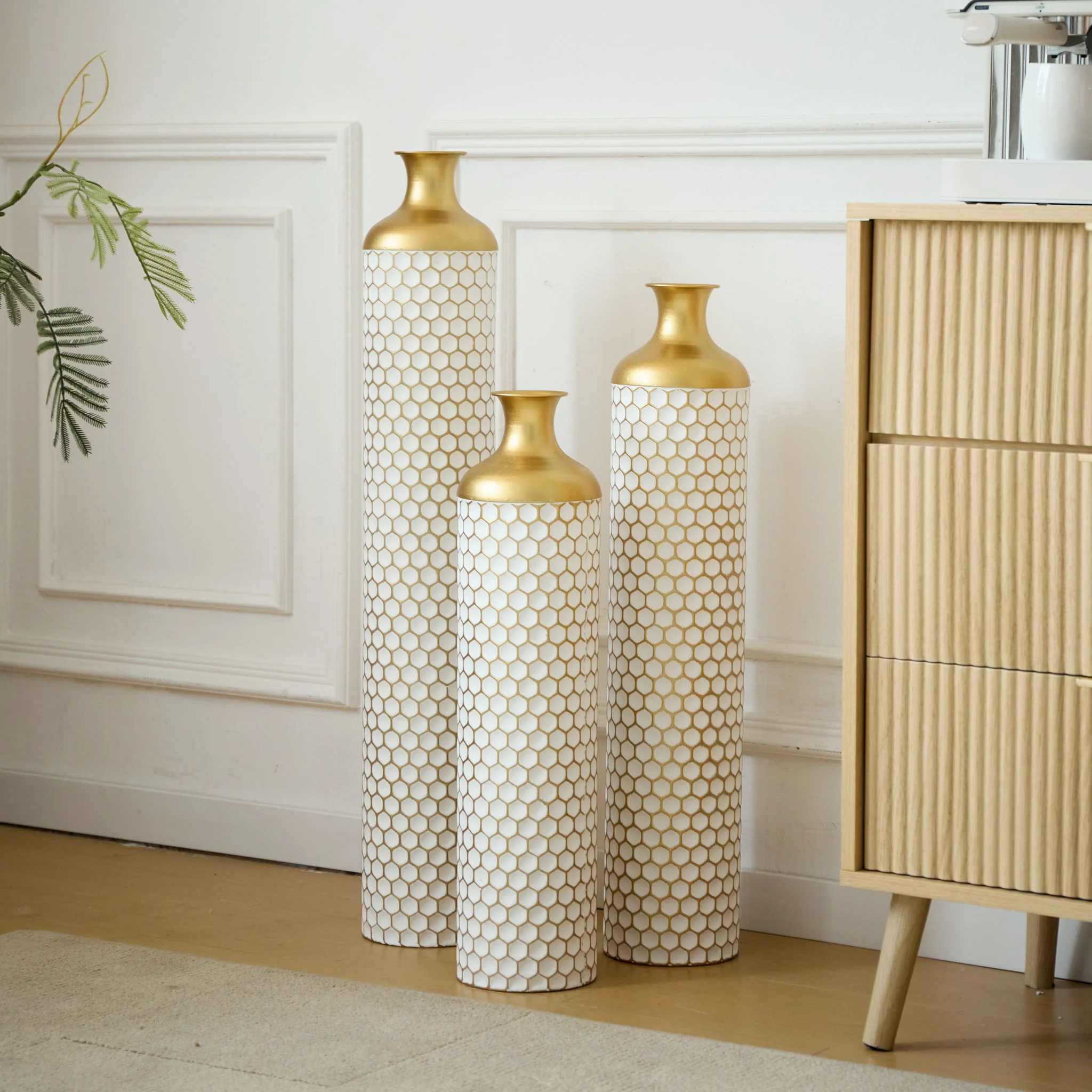 3 Piece Set Gorgeous Home Decoration Large Glazed Floor Vase Decoration Home Droplet Shaped - Gold / White - Image 7