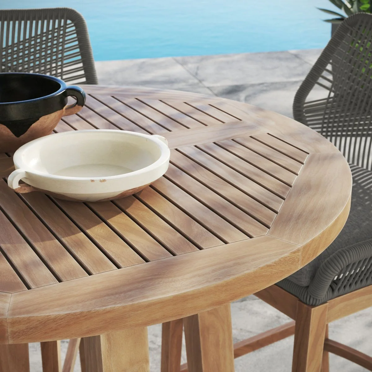 3-Piece Teak Wood Outdoor Bar Set with Woven Rope Stools for Patio & Deck - Image 19
