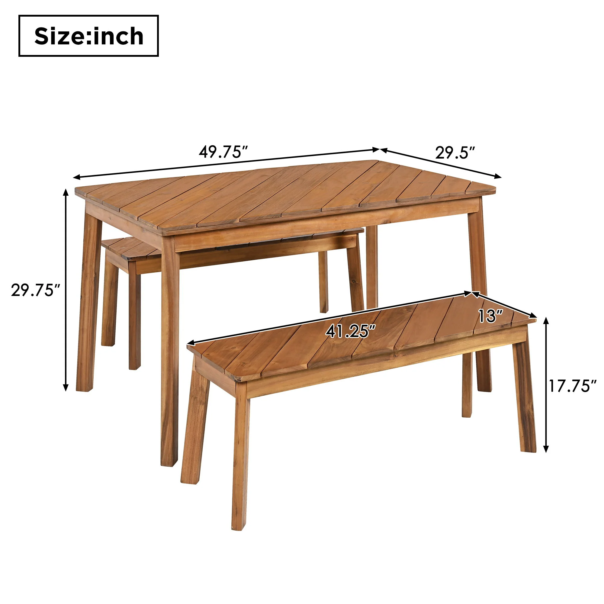 3 Pieces Acacia Wood Table Bench Dining Set For Outdoor & Indoor Furniture With 2 Benches, Picnic Beer Table For Patio, Porch, Garden, Poolside - Natural - Image 3