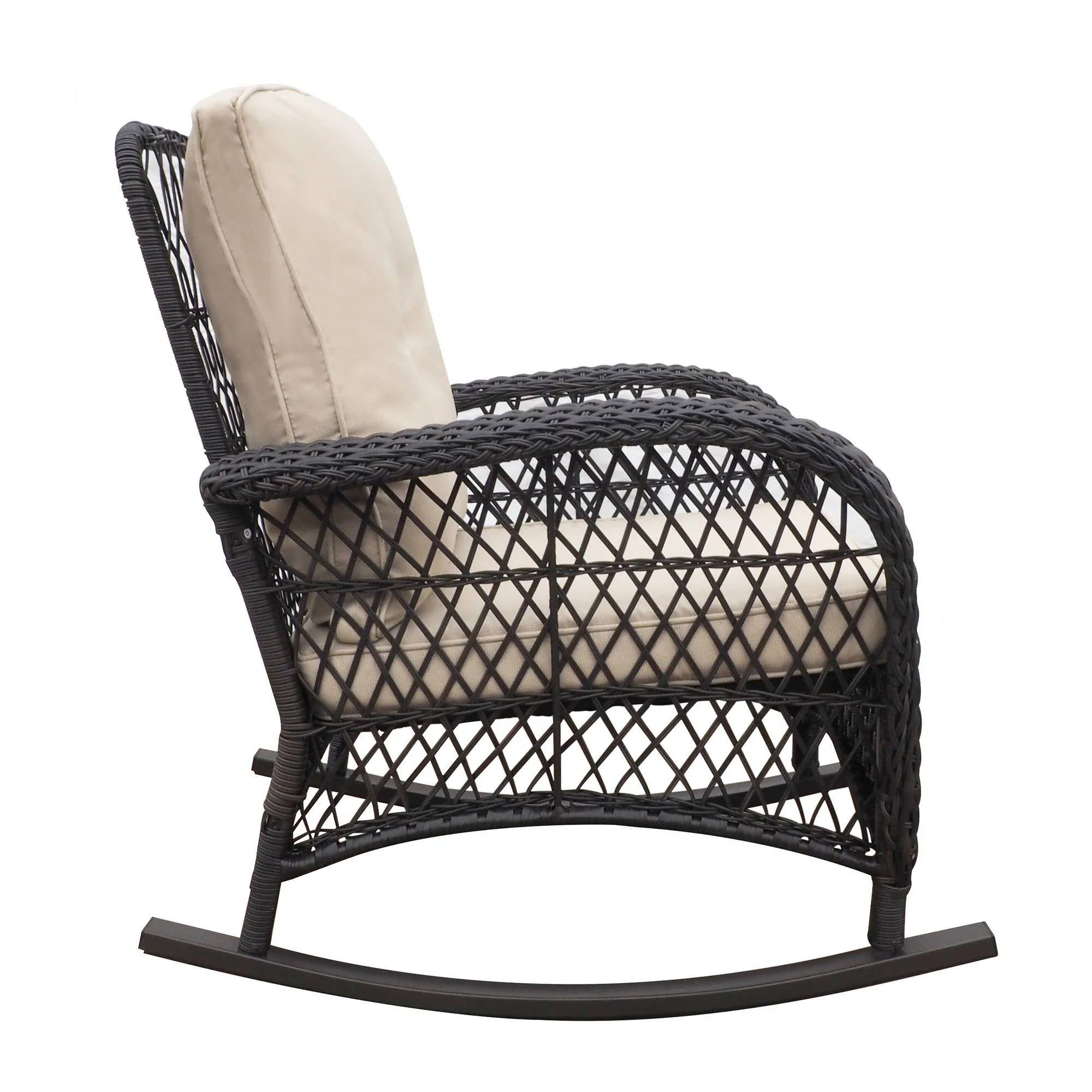 3 Pieces Conversation Set, Outdoor Wicker Rocker Patio Bistro Set, Rocking Chair With Glass Top Side Table - Brown / Beige - Image 3