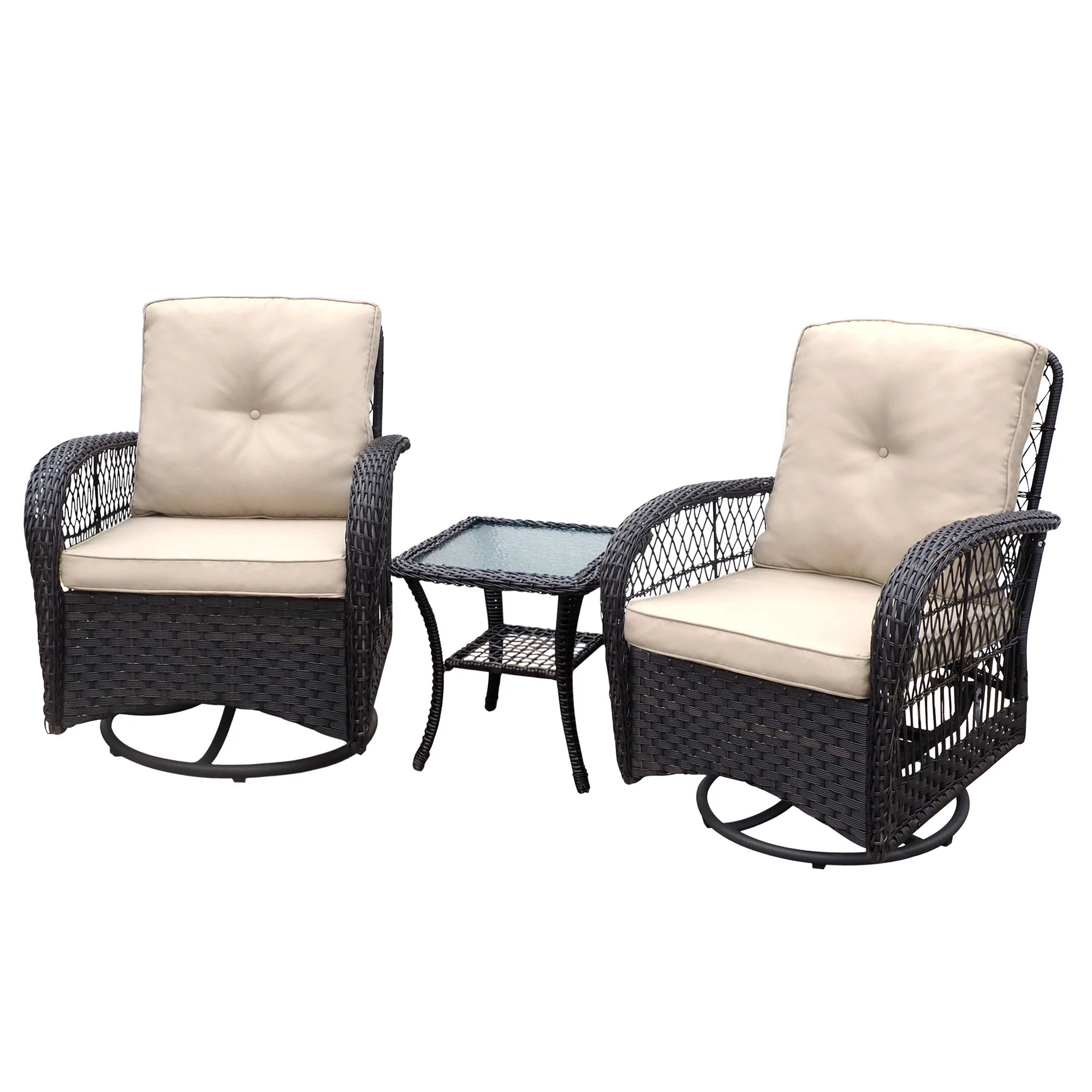 3 Pieces Conversation Set, Outdoor Wicker Rocker Swivel Patio Bistro Set, Rocking Chair With Glass Top Side Table - Image 13