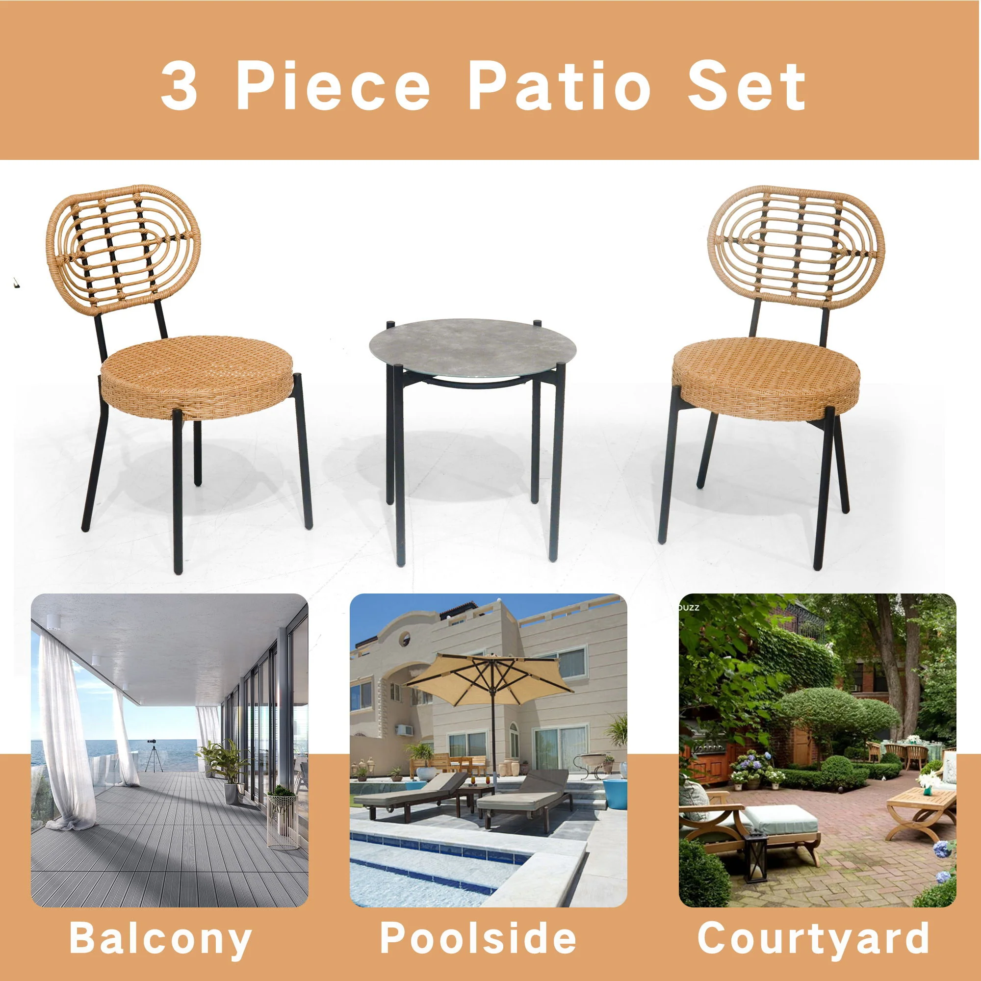 3 Pieces Of Luxury Outdoor Wicker Furniture Patio Bistro Style Table And Chair Combination, Weather Resistant PE Wicker Weave, Suitable For Garden - Black / Natural - Image 3