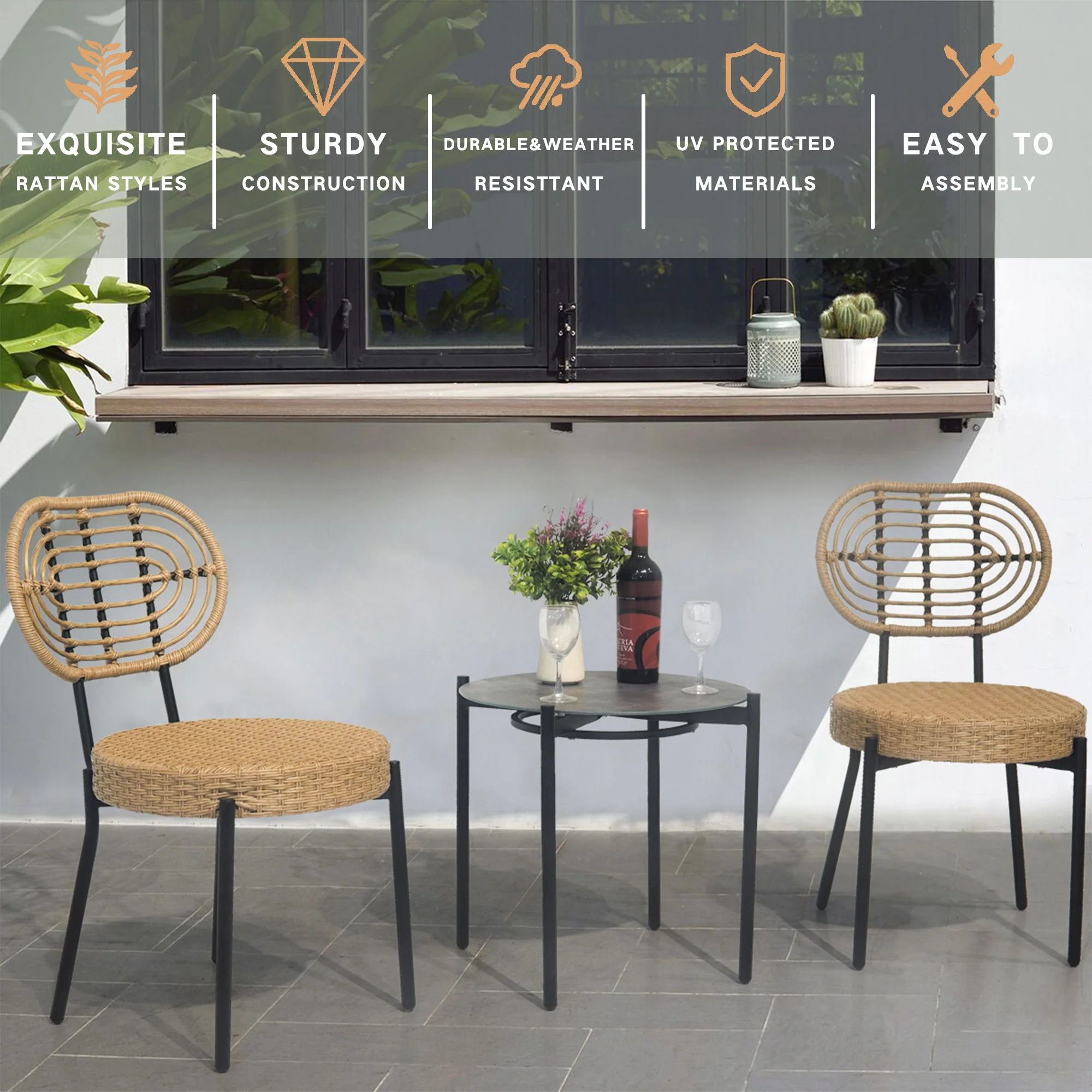 3 Pieces Of Luxury Outdoor Wicker Furniture Patio Bistro Style Table And Chair Combination, Weather Resistant PE Wicker Weave, Suitable For Garden - Black / Natural - Image 4
