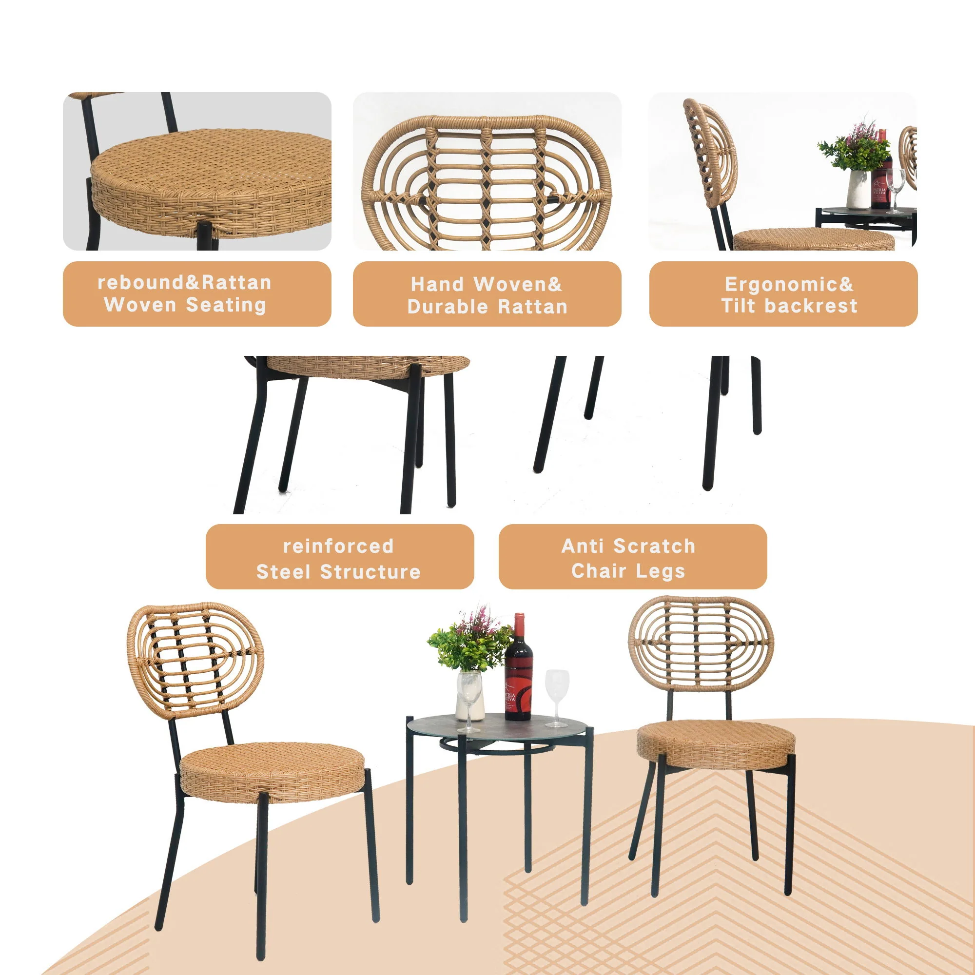 3 Pieces Of Luxury Outdoor Wicker Furniture Patio Bistro Style Table And Chair Combination, Weather Resistant PE Wicker Weave, Suitable For Garden - Black / Natural - Image 5