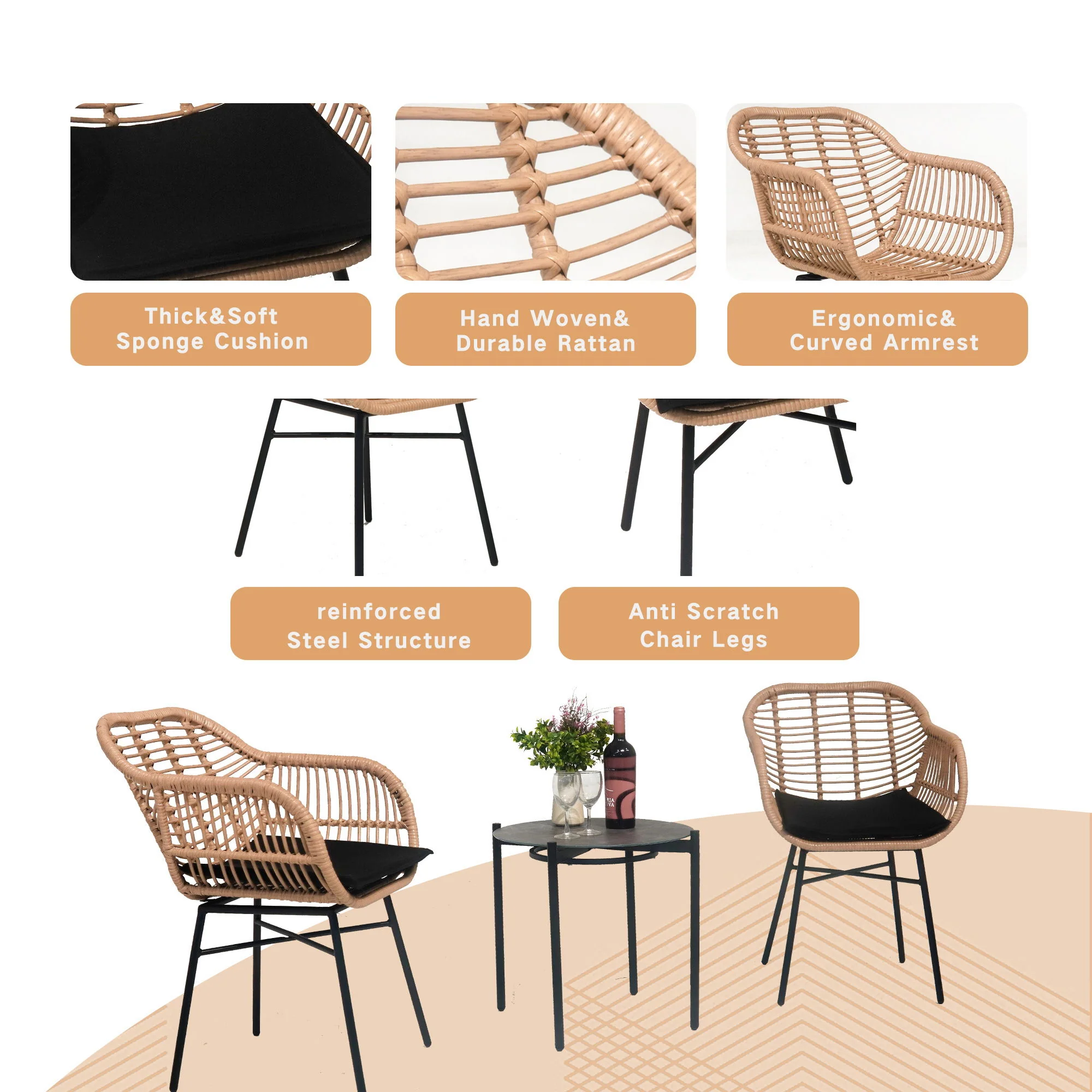 3 Pieces Of Luxury Outdoor Wicker Furniture, Patio Bistro Style Table And Chair Combination, Weather Resistant PE Wicker Weave, Suitable For Garden - Black / Natural - Image 4