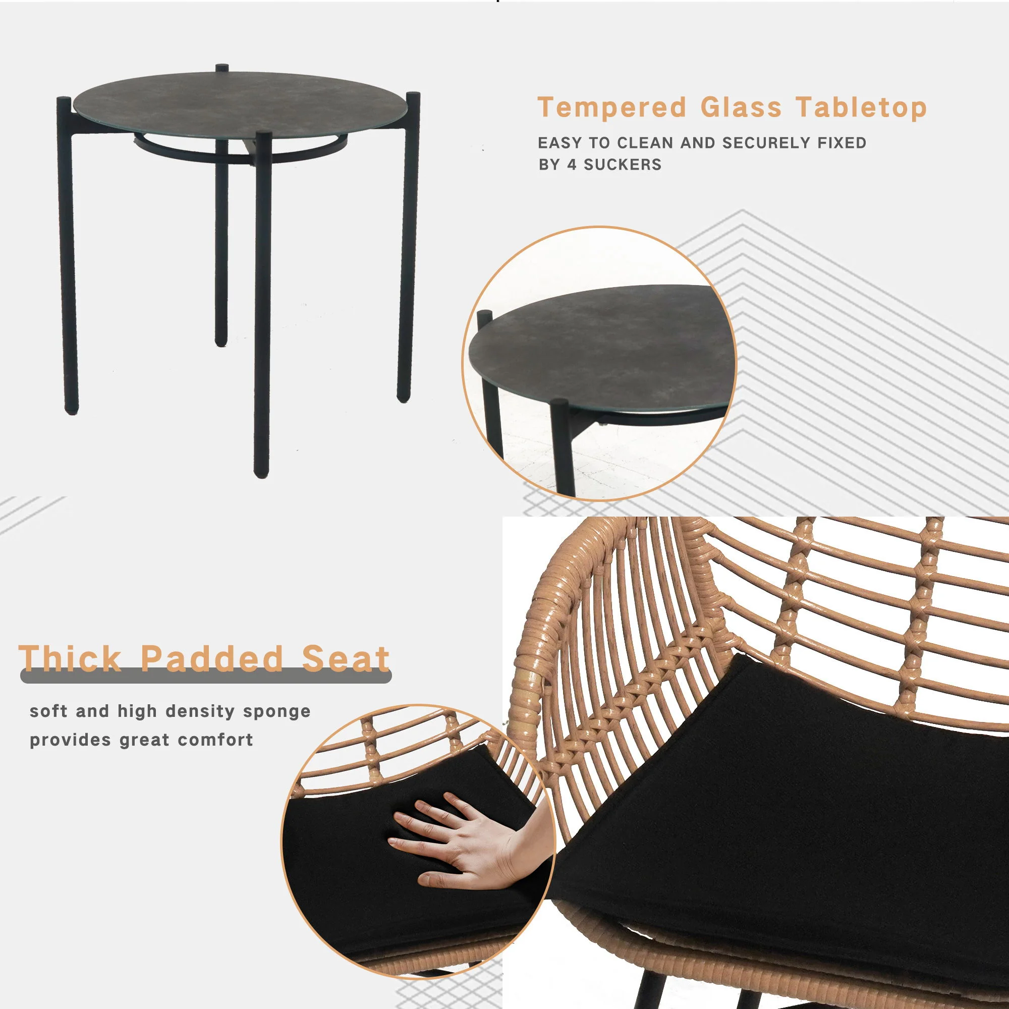 3 Pieces Of Luxury Outdoor Wicker Furniture, Patio Bistro Style Table And Chair Combination, Weather Resistant PE Wicker Weave, Suitable For Garden - Black / Natural - Image 5