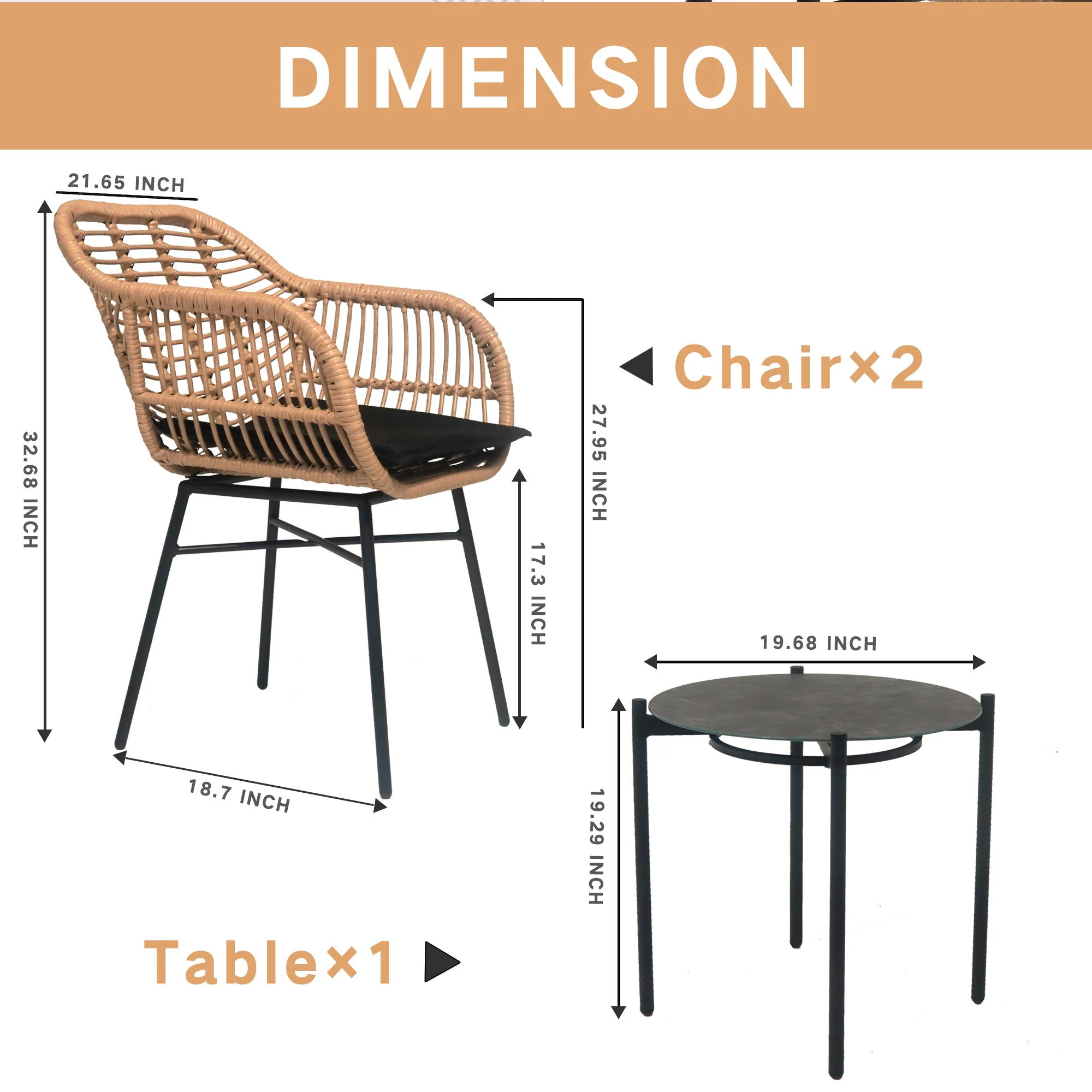 3 Pieces Of Luxury Outdoor Wicker Furniture, Patio Bistro Style Table And Chair Combination, Weather Resistant PE Wicker Weave, Suitable For Garden - Black / Natural - Image 6