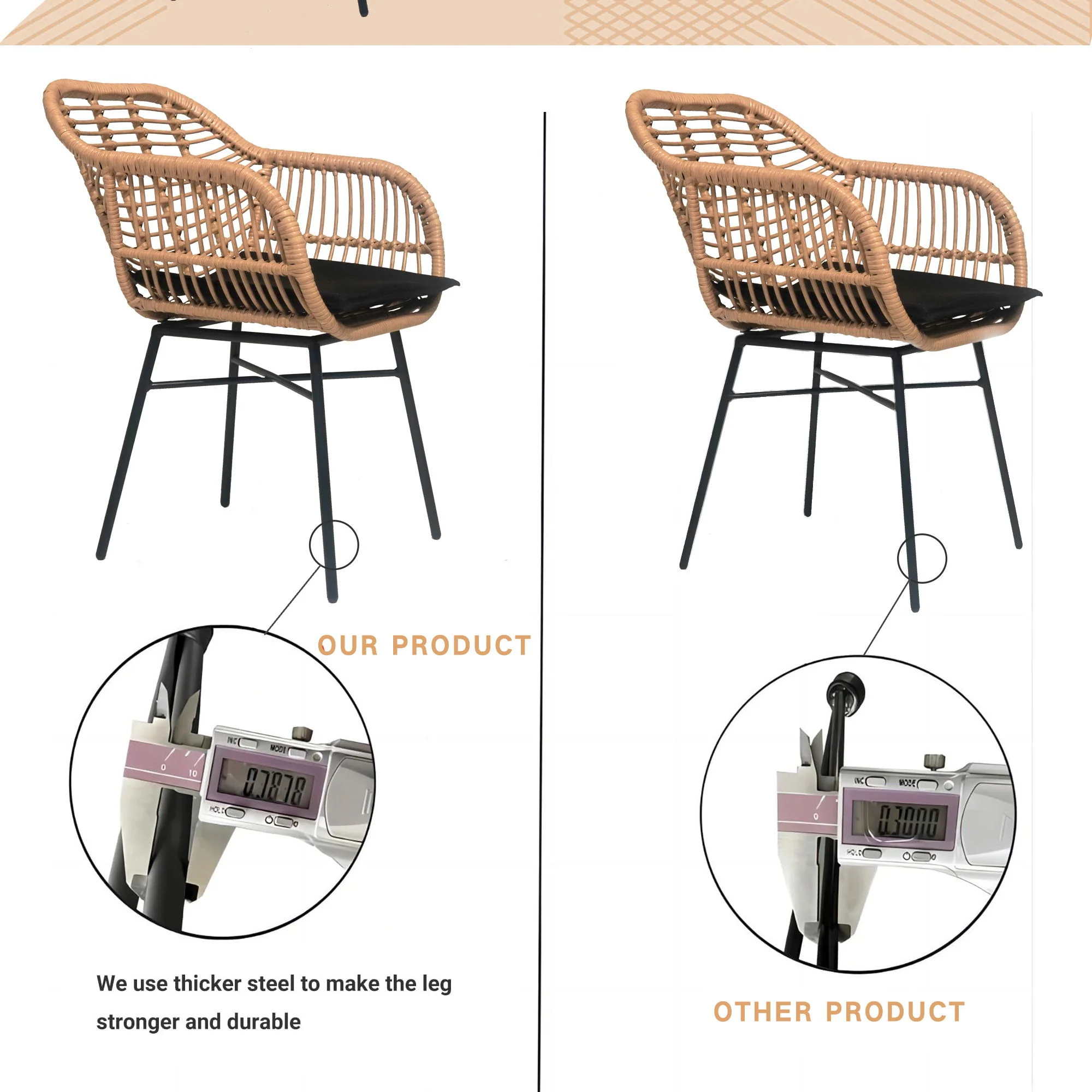 3 Pieces Of Luxury Outdoor Wicker Furniture, Patio Bistro Style Table And Chair Combination, Weather Resistant PE Wicker Weave, Suitable For Garden - Black / Natural - Image 7