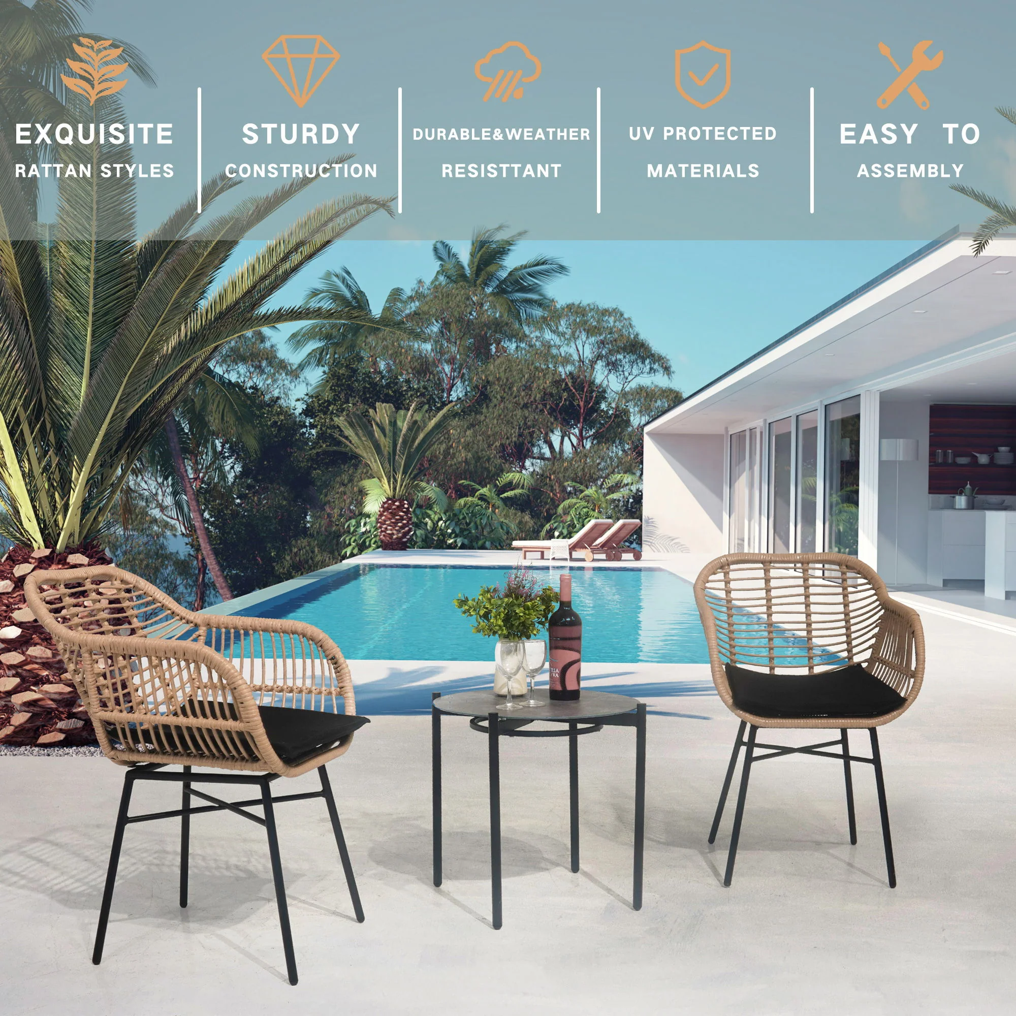 3 Pieces Of Luxury Outdoor Wicker Furniture, Patio Bistro Style Table And Chair Combination, Weather Resistant PE Wicker Weave, Suitable For Garden - Black / Natural - Image 8