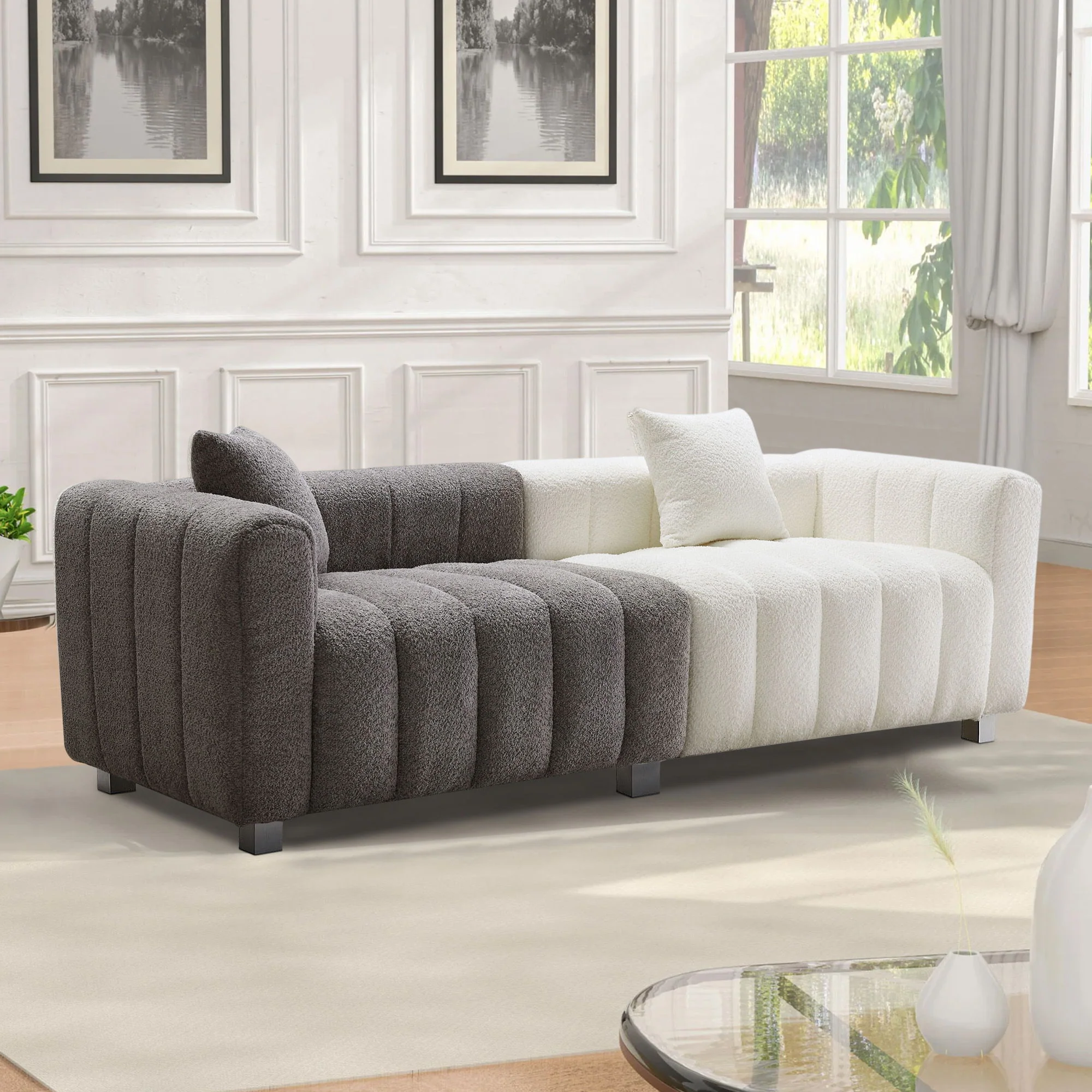 3 Seater Sofa With Metal Base Legs And 2 Pillows In +, 87.4" Premium Couch For Living Room - White / Gray - Image 3
