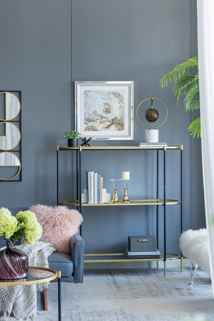 3 Tier Metal Console Table, Mirrored Shelf - Golden Black - Image 3